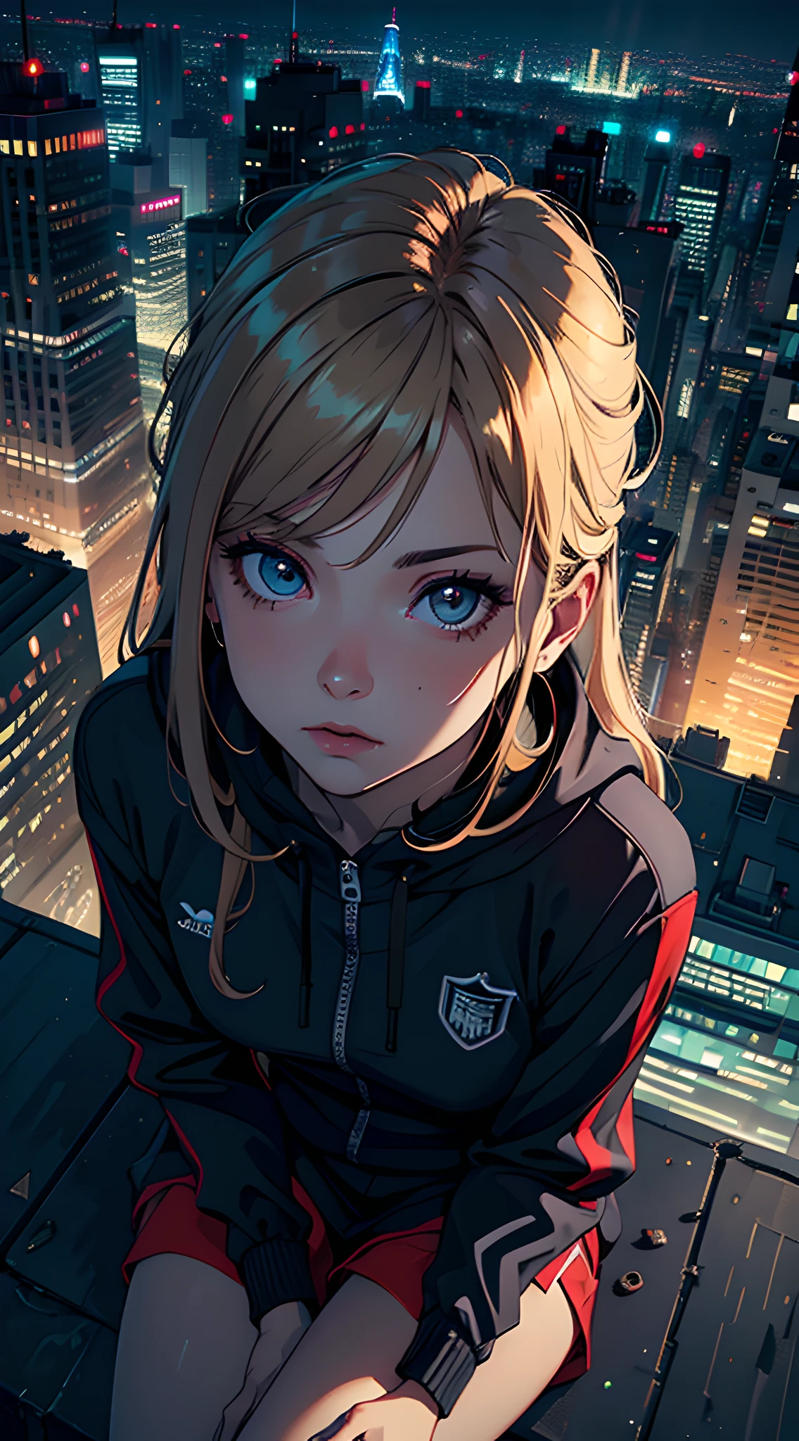 (masterpiece, best quality, from above:1.4), 1girl, upper body, (sitting on rooftop edge of skyscraper:1.2), black windbreaker, (stunning cityscape, cyber city, scenery, night sky, dark theme:1.4), neon lights, rooftop of building, night view, facelight, clear lighting, rim lighting, cinematic shadow, particle, sperspective, depth of field, sharp focus, HDR, highres, photography, realistic, highest detailed, extreme detailed, ultra detailed, finely detail, detailed eyes and face