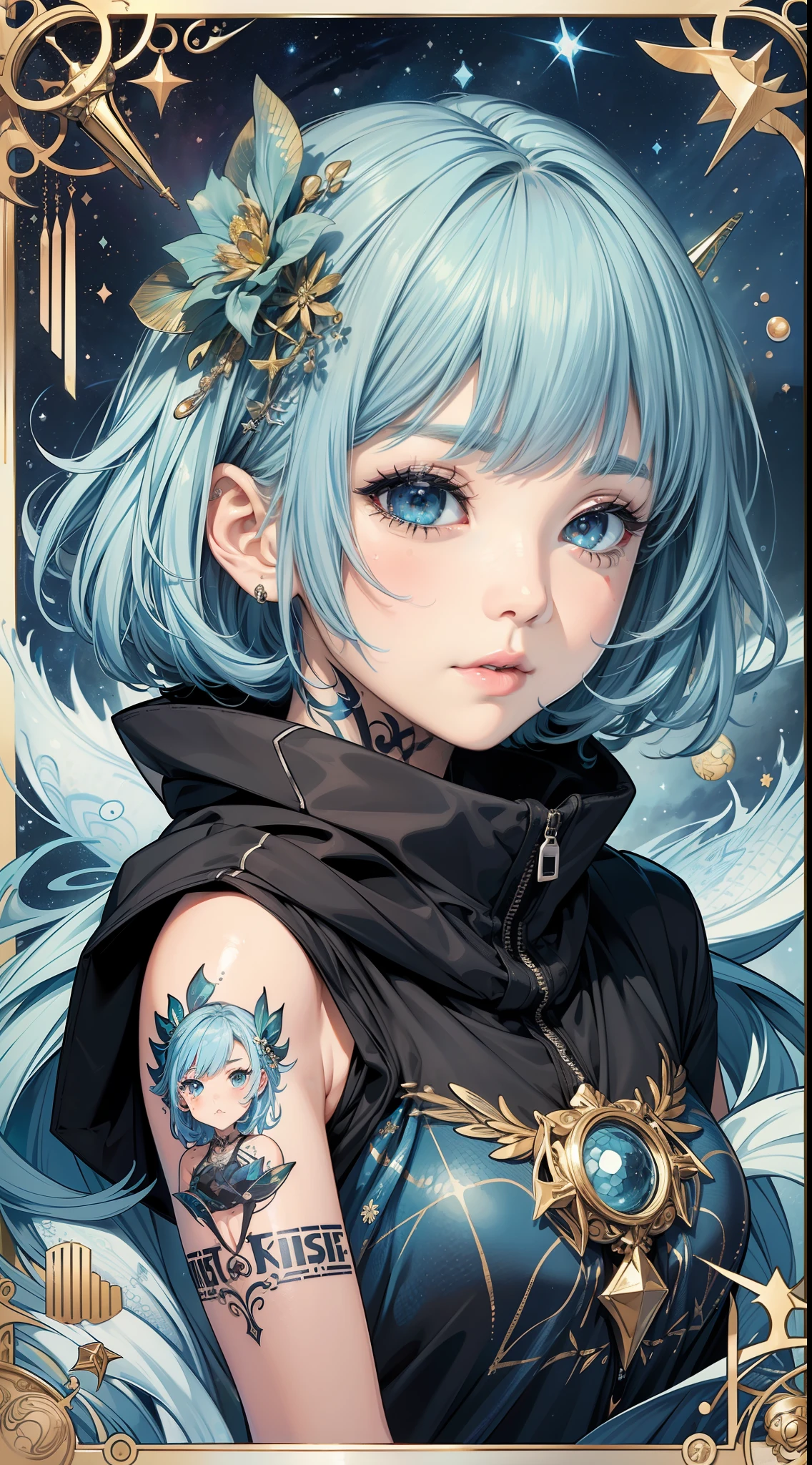 (masterpiece:1.3)、(top-quality)、(in 8K,4K),(Intricate details)、reallistic、(1girl in:1.8)、独奏、(parka、Paint Stain Shorts)、20yr old、short-cut、lightblue hair、Black eyes、((Students of art universities))、Transparent white and transparent skin、Introverted、Height 160cm、slim figure,(Tattoo in the shape of a fish:1.2)、((♓︎ Hair ornament in the shape of)),((Scales in parts of the body)), Poetry and music,Paintings and posters of your favorite works on the wall、Interested in astrology and tarot cards、I like to look at the starry sky