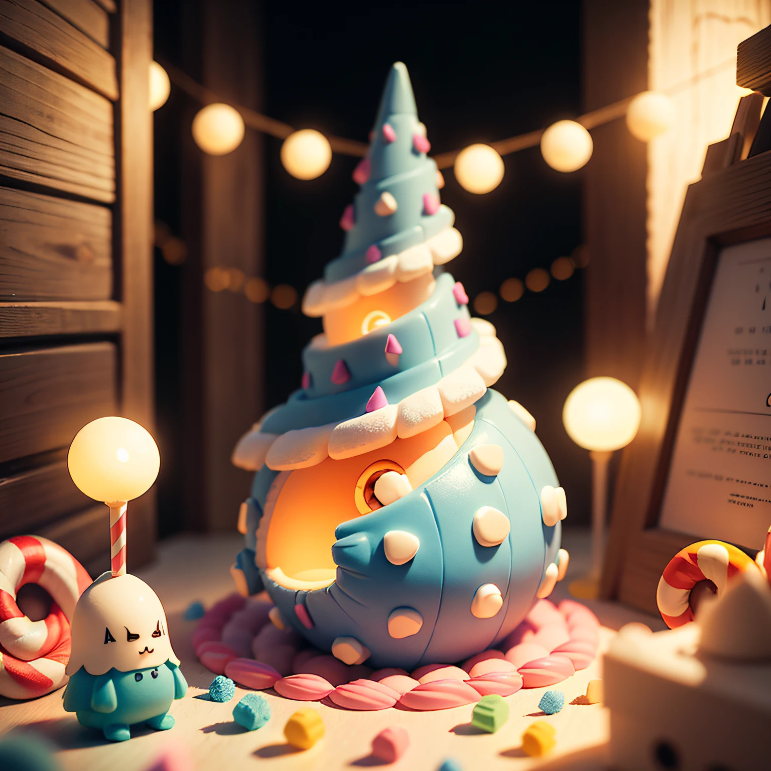 (cute world of candy, full size 3d candyland), highly detailed, super cute, superb lighting, volumetrics, by Jon Klassen, Ghibli Studio style, Tilt - shift, 80mm lens, unreal engine, Large aperture, 3d, blender, masterpiece, super detail, best quality, --auto --v6