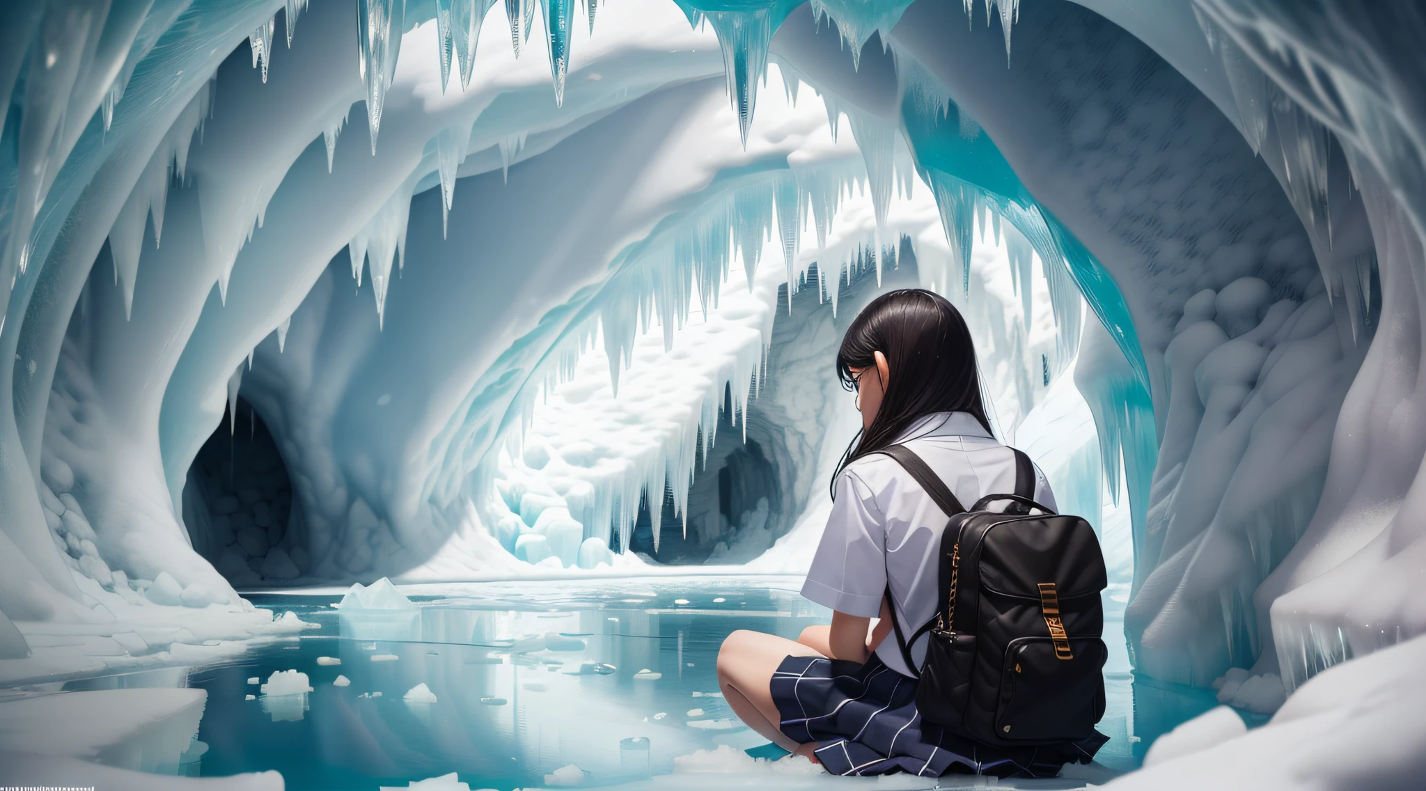 (masterpiece), (best quality), (ultra-detailed), (Amazing:1.1), 12mm f2.8 lens, day time, ((((full body), back shot, sitting))), ((((A high school girl with a full body back shot in the beautiful ice cave)))), (((((without looking at me))))), ((A beautiful high school girl lost in a surreal world of dreamlike landscapes)), (r old), (((beautiful ice cave))), A high school girl who goes on a road without a road, wind flow, flowers bloom, (((wearing simple school uniform))), black hair, 8 life size, detailed hairstyles, detailed bodyline, (((fantasy))), frontier, surrealism, (magnificent space), concept art, raw, wallpaper, poster, sharp focus, hyperrealism, crystalline, perfectionism, 4k UHD,