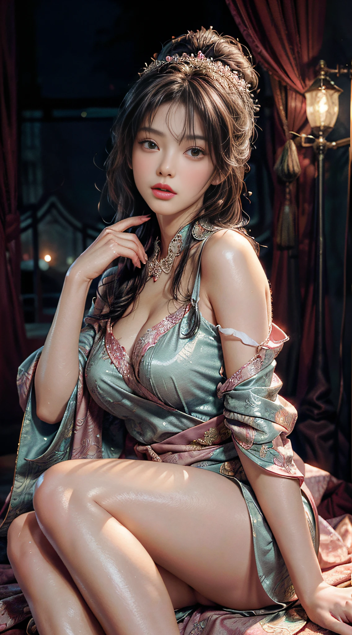 Art depicts a charming woman，Dressed in a flowing manner、Silky traditional oriental dress，In pink，Decorated with intricate patterns and bright colors。Her dress draped elegantly over her curvy figure，Highlights her seductive silhouette。She stood gracefully in the quiet moonlit night，bathed in the soft glow of the moonlight。The scene exudes an ethereal and dreamy atmosphere，With a touch of mystery and sexiness。The image style incorporates watercolor and digital illustration techniques，It evokes a refined beauty and charm。The lights are filled with soft moonlight，casting soft highlights and shadows on her charming features。Bare thighs，Bigchest，Three-dimensional facial features，sitted，your legs，Clear  eyes，Undressed，