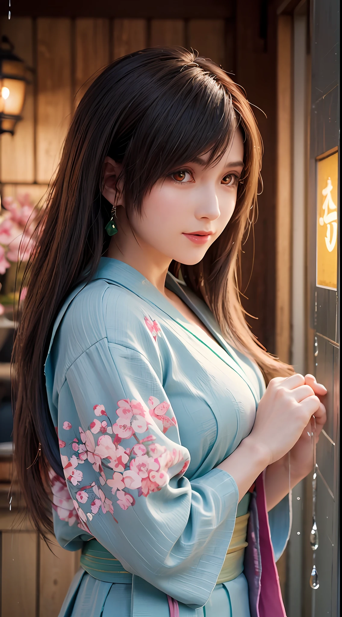 (Masterpiece, high resolution, illustration:1.3),half-body photo, Charming schoolgirl, closeup of face,(Flowing russet hair:1.2), Emerald green eyes, (Traditional samurai costume:1.1), Sakura themed kimono, , Old stone paved streets, Tokyo in cherry blossom season, (Petals flutter in the rain:1.2), misterious ambience, (illuminated lanterns:1.1), Comfortable storefront, Traditional wooden house, (Tranquil water reflection:1.2), pensive expression, tranquil ambiance, Gentle raindrops, Diagonal composition, Top-down perspective, Fantastic color scheme, Poetic storytelling.