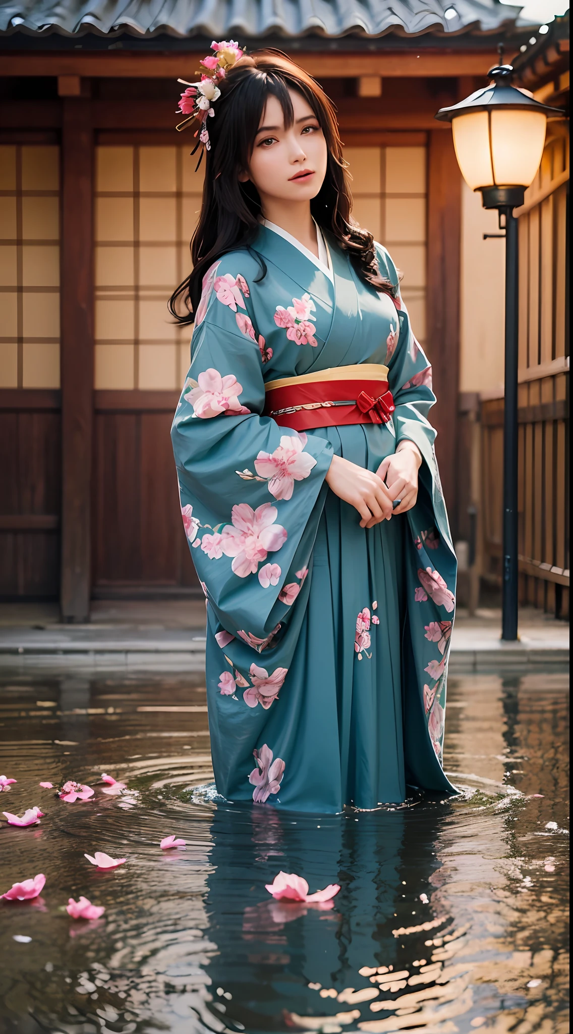 (Masterpiece, high resolution, illustration:1.3),half-body photo， Charming girl, closeup of face，(Flowing russet hair:1.2), Emerald green eyes, (Traditional samurai costume:1.1), Sakura themed kimono, , Old stone paved streets, Tokyo in cherry blossom season, (Petals flutter in the rain:1.2), misterious ambience, (illuminated lanterns:1.1), Comfortable storefront, Traditional wooden house, (Tranquil water reflection:1.2), pensive expression, tranquil ambiance, Gentle raindrops, Diagonal composition, Top-down perspective, Fantastic color scheme, Poetic storytelling.