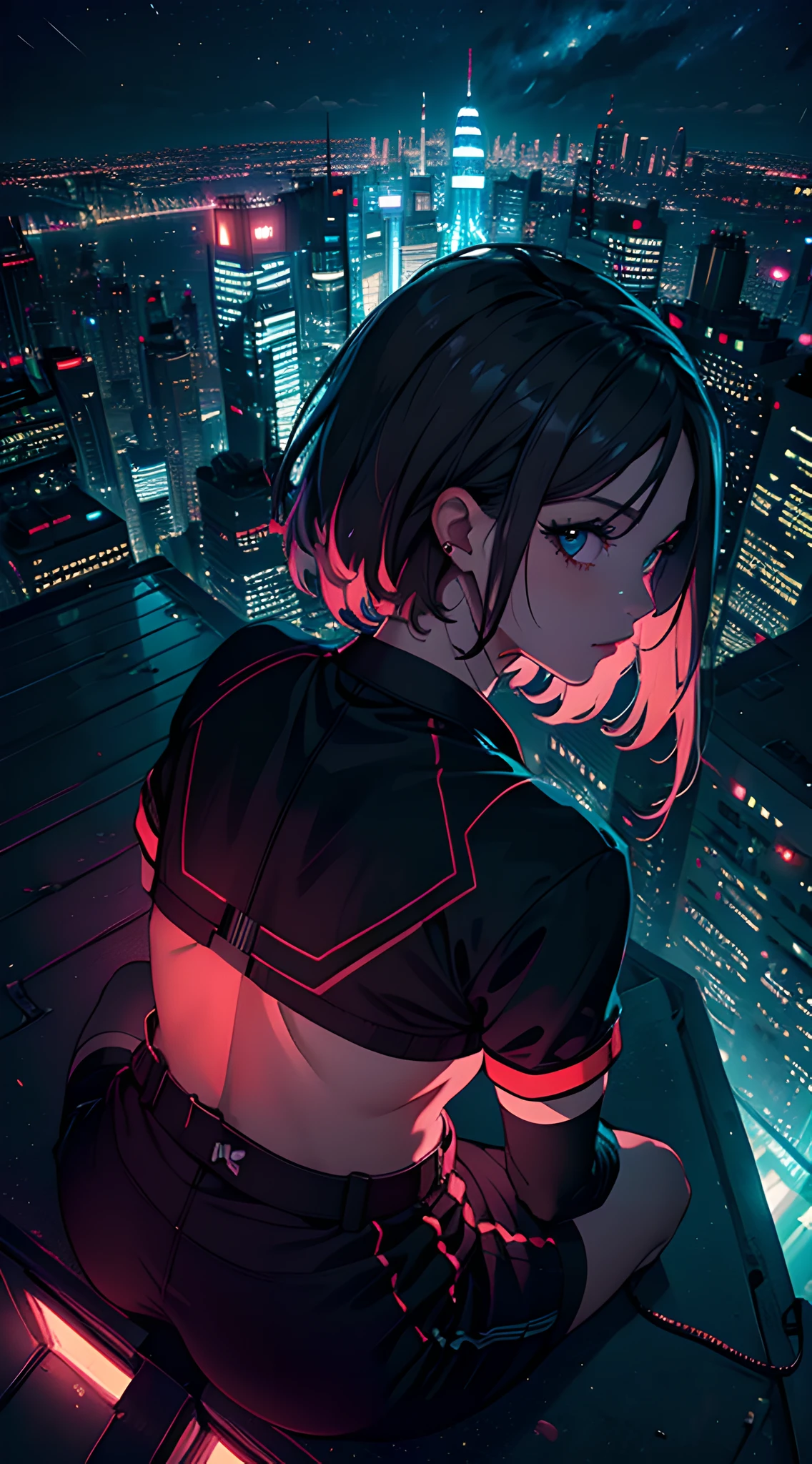 (masterpiece, best quality:1.4), 1girl, upper body, (sitting on rooftop edge of skyscraper:1.2), black windbreaker, (stunning cityscape, cyber city, scenery, night sky, dark theme:1.4), sperspective, depth of field, neon lights, rooftop of building, night view, from above, back shot, side shot, facelight, clear lighting, rim lighting, cinematic shadow, particle, sharp focus, HDR, highres, photography, realistic, highest detailed, extreme detailed, ultra detailed, finely detail, [:(detailed eyes and face:1.2):10]