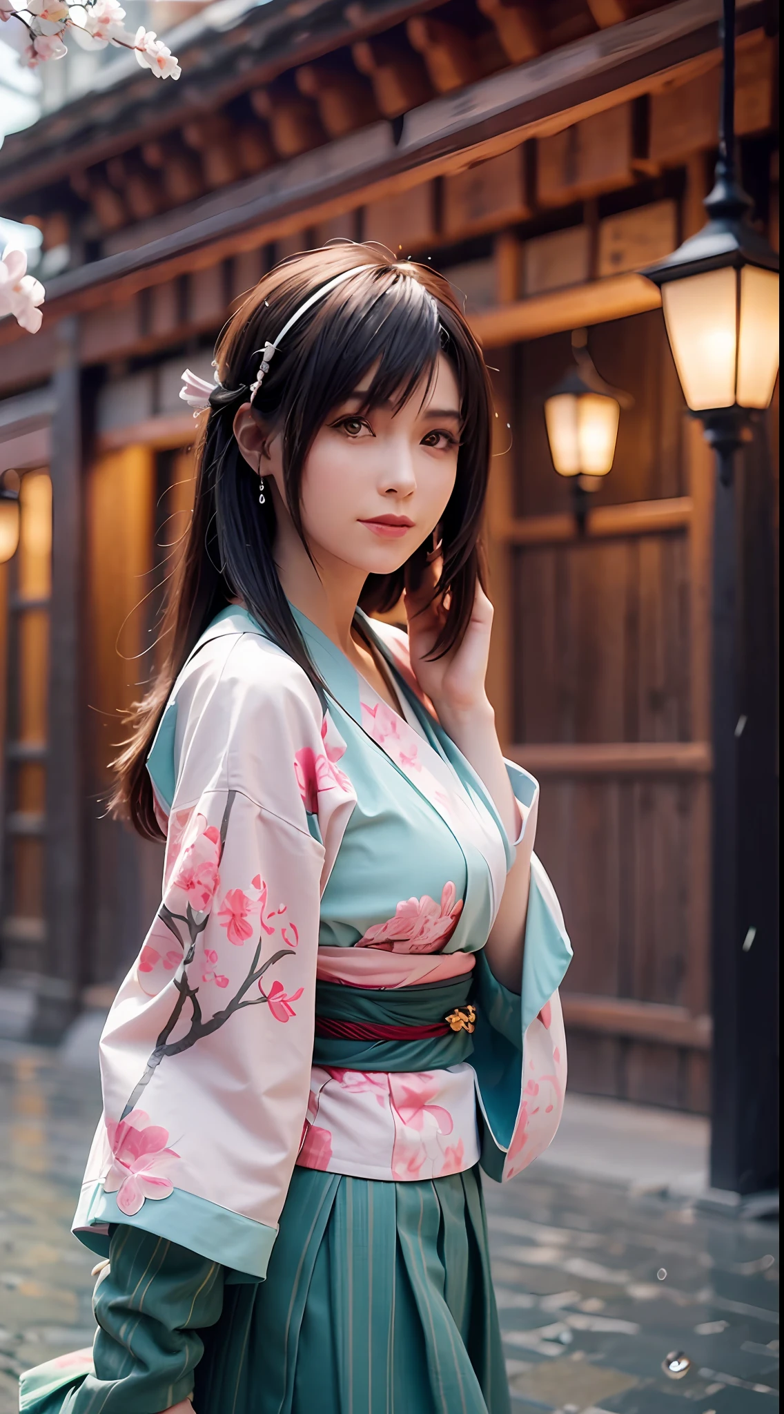 (Masterpiece, high resolution, illustration:1.3),half-body photo, Charming girl, closeup of face,(Flowing russet hair:1.2), Emerald green eyes, (Traditional samurai costume:1.1), Sakura themed kimono, , Old stone paved streets, Tokyo in cherry blossom season, (Petals flutter in the rain:1.2), misterious ambience, (illuminated lanterns:1.1), Comfortable storefront, Traditional wooden house, (Tranquil water reflection:1.2), pensive expression, tranquil ambiance, Gentle raindrops, Diagonal composition, Top-down perspective, Fantastic color scheme, Poetic storytelling.