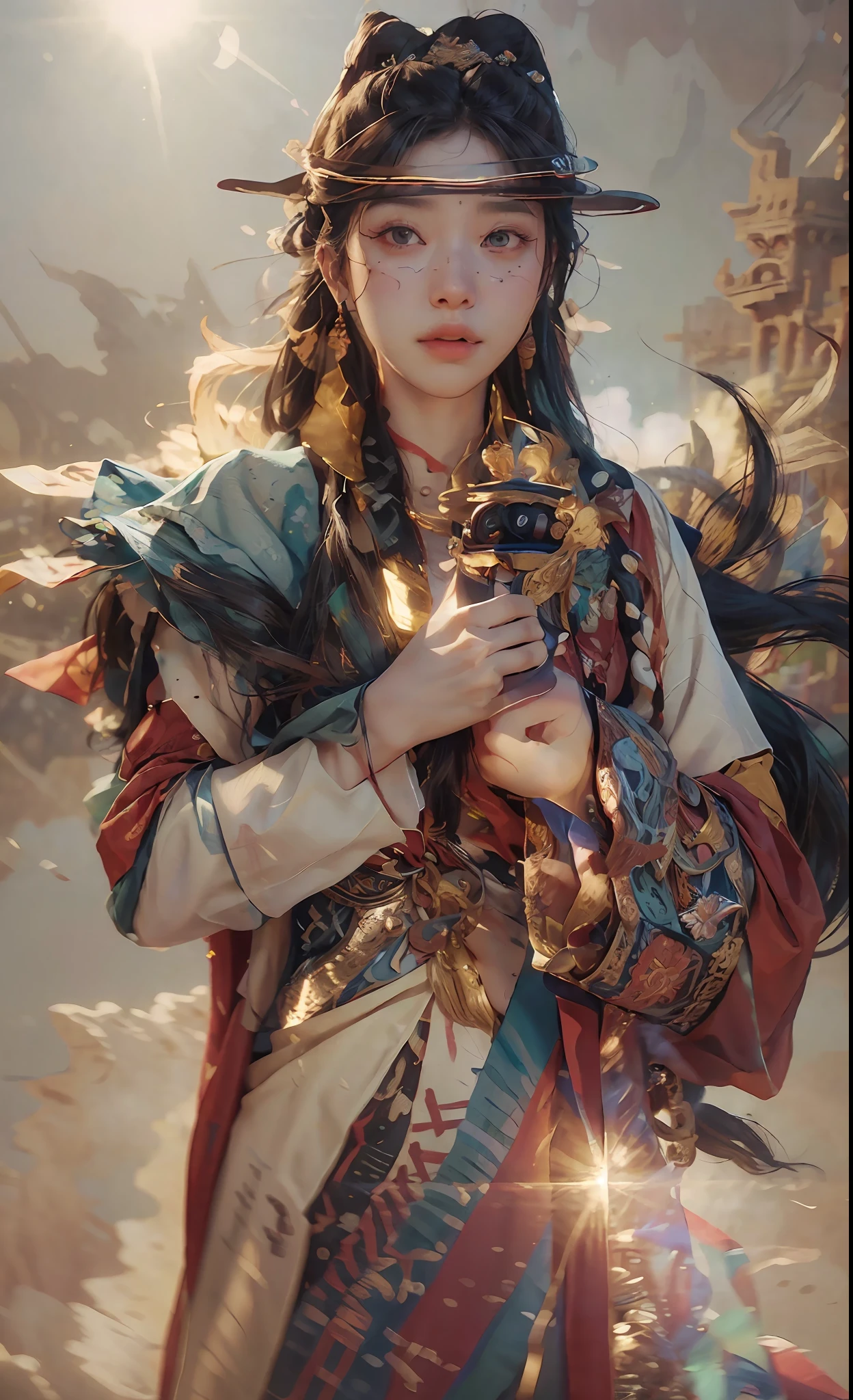 (RAW photo, best quality), (realistic, photo-realistic:1.3),best quality,highly detailed,masterpiece,ultra-detailed,illustration,1girl,upper_body,dynamic angle,world masterpiece theater,messy_long_hair,best quality,extremely detailed CG unity 8k wallpaper,ink,Amazing,cinematic lighting,lens_flare, dunhuang_style