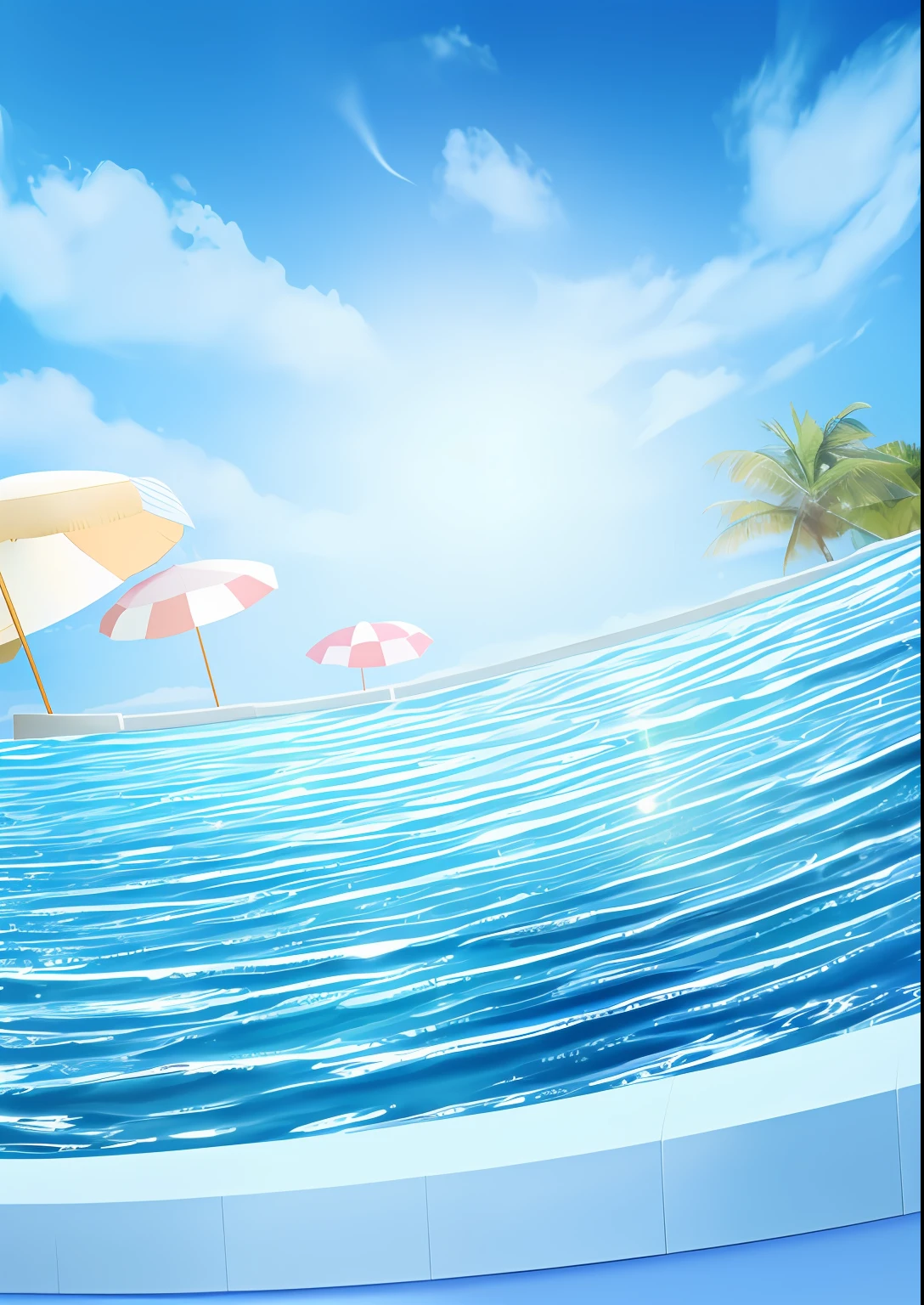 There are many umbrellas and chairs in the water near the beach, Sunny day background, clear summer sky background, beautiful detailed background, sunny day at beach, realistic detailed background, bright sunny summer day, Beach background, sky and ocean background, realistic water, Realistic background, tropical pool, seaside backgroud, tropical background, tropical ocean, Sunny environment, Sea backgroun --auto