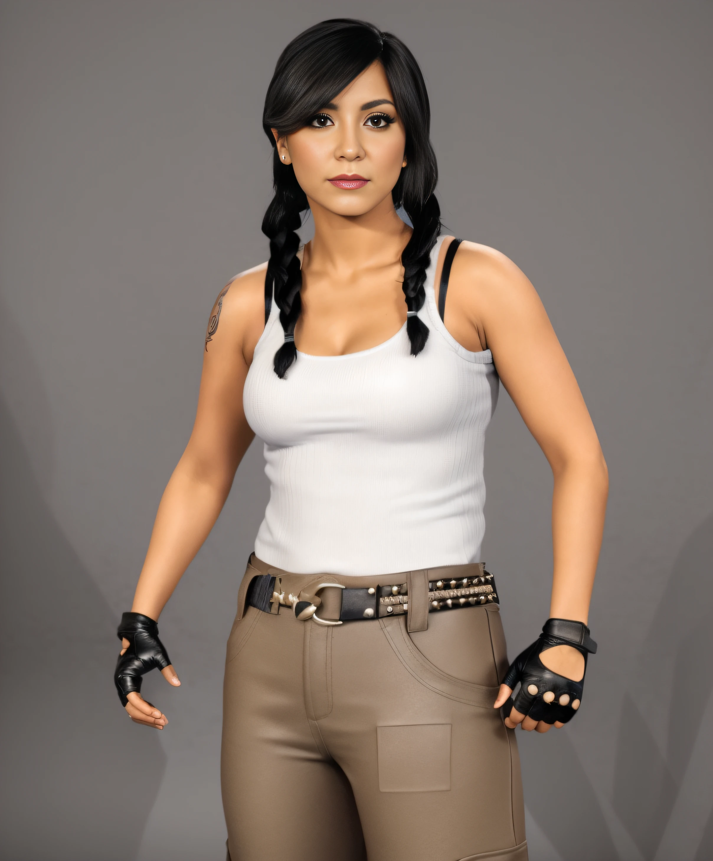 ((masterpiece, best quality)), Mature Curvy Hispanic female wrestler with braided pigtails, in white tank-top, exposed black bra, brown cargo pants with a leather studded belt, black leather gloves, tattoo on right shoulder, photo realistic, intricate details