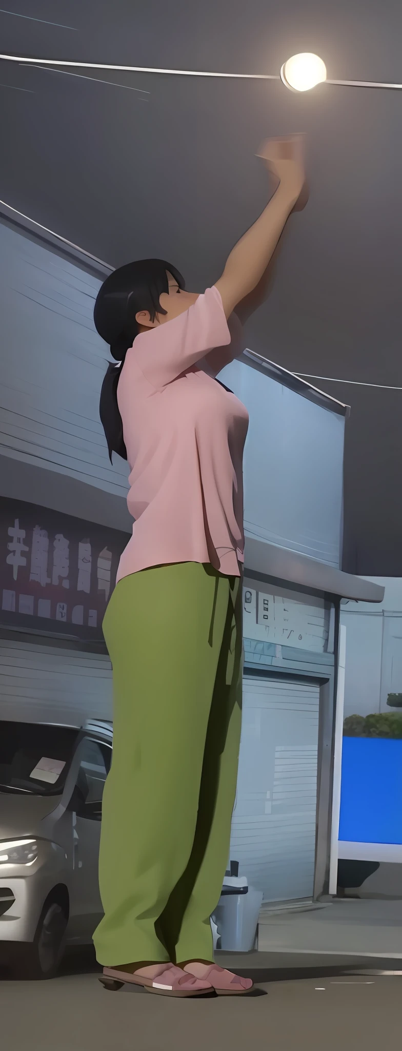 there is a woman standing on a skateboard in the street, highly detailed giantess shot, Makoto Shinkai. rendering by octane, 3d statue!!!, photo still of behind view, taken in the early 2020s, Makoto Shinkai. High detail, still from tv anime, stand posture, over the shoulder shot