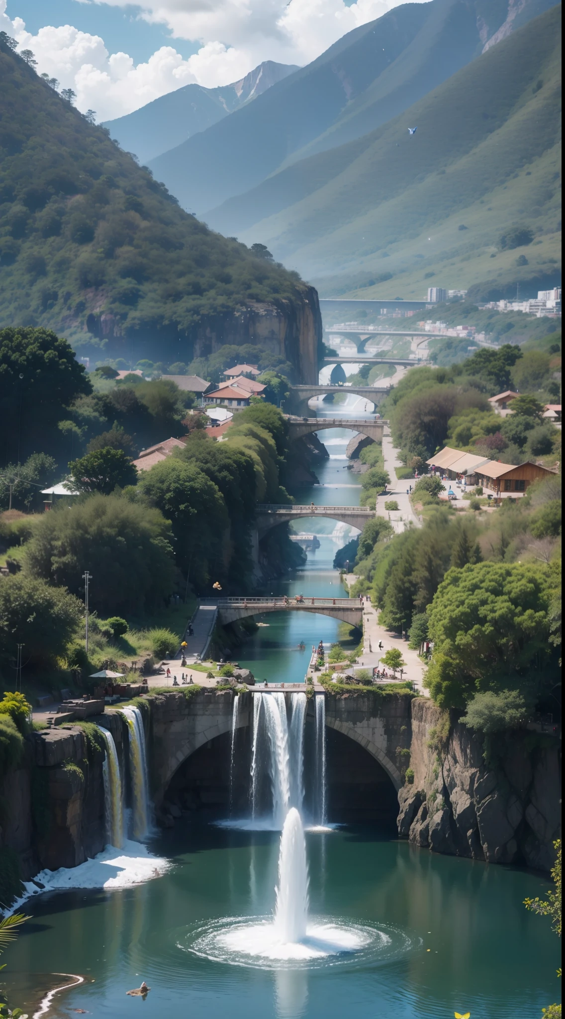 Golden African city in a jungle,  super vibrant,  extremely detailed, photorealistic, jungle, 8k, raining,  birds, butterflies, multi colored bees, rocky mountains,  snow, high  res, dslr, with fountain flowing cyan water, technologically advanced city