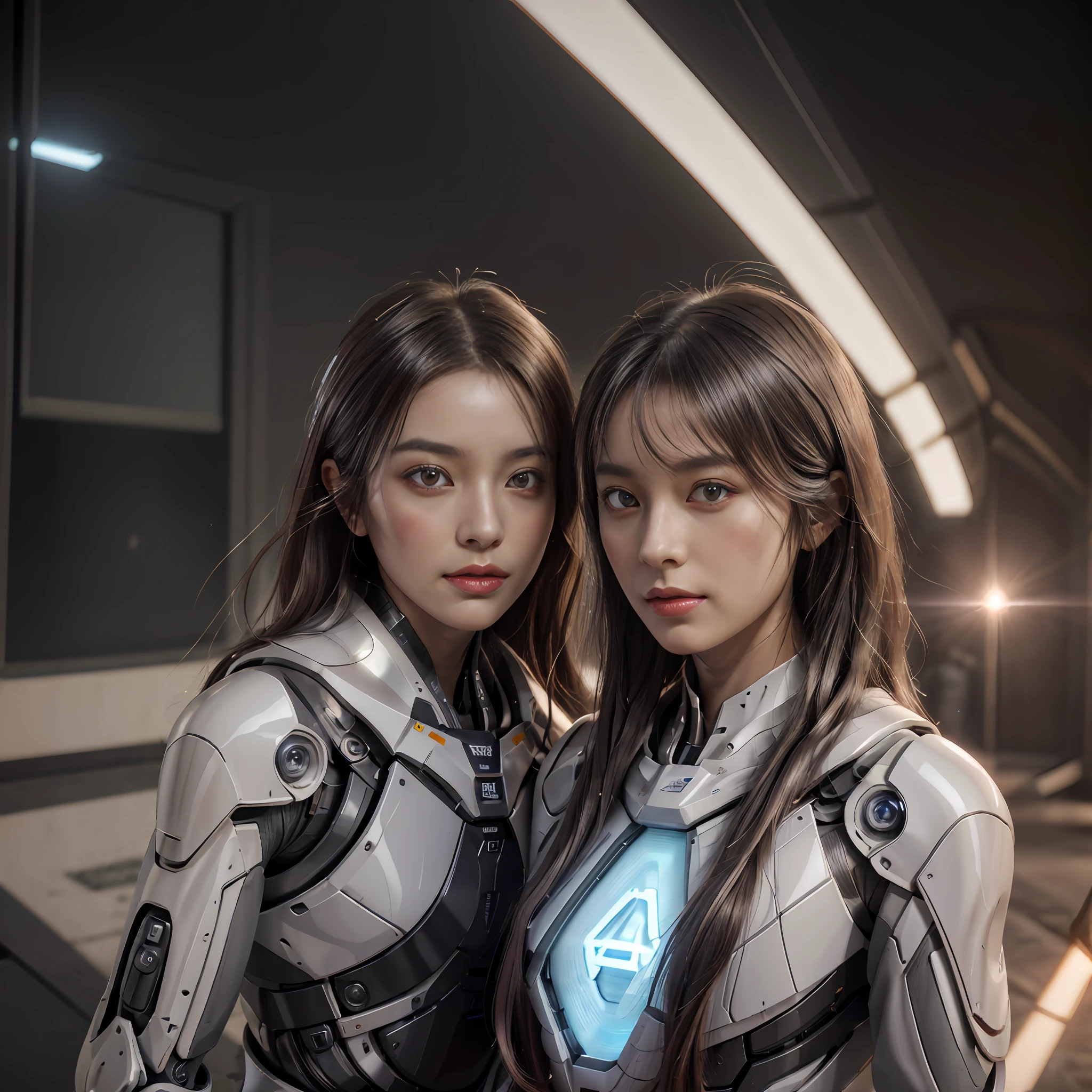Beautiful symmetrical face, Cute natural makeup, Feminine, professional color graded, high definition 4k, 8K,mechs,sci-fy,ultra-realistic realism，fully body photo，with light glowing，neonlight,1 girl