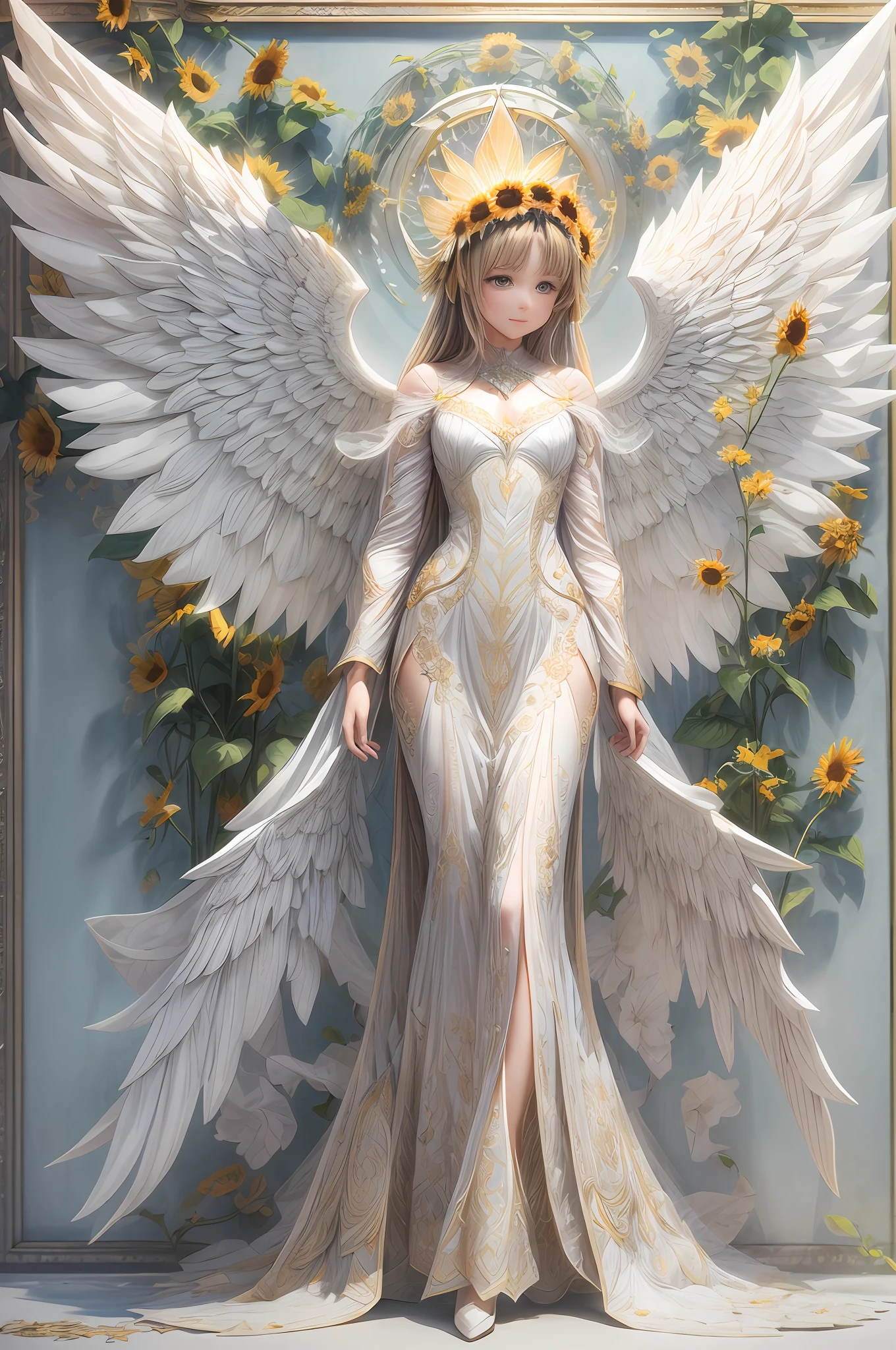(sunflower:1.2),Solo, full body,An angel girl with shining wings behind her, Halo, Delicate headgear,ssmile,paper art,(Quilted paper art),(geomerty:1.2),a 3D render,extremely detaile, Cinematic lighting effects,4K,tmasterpiece,offcial art