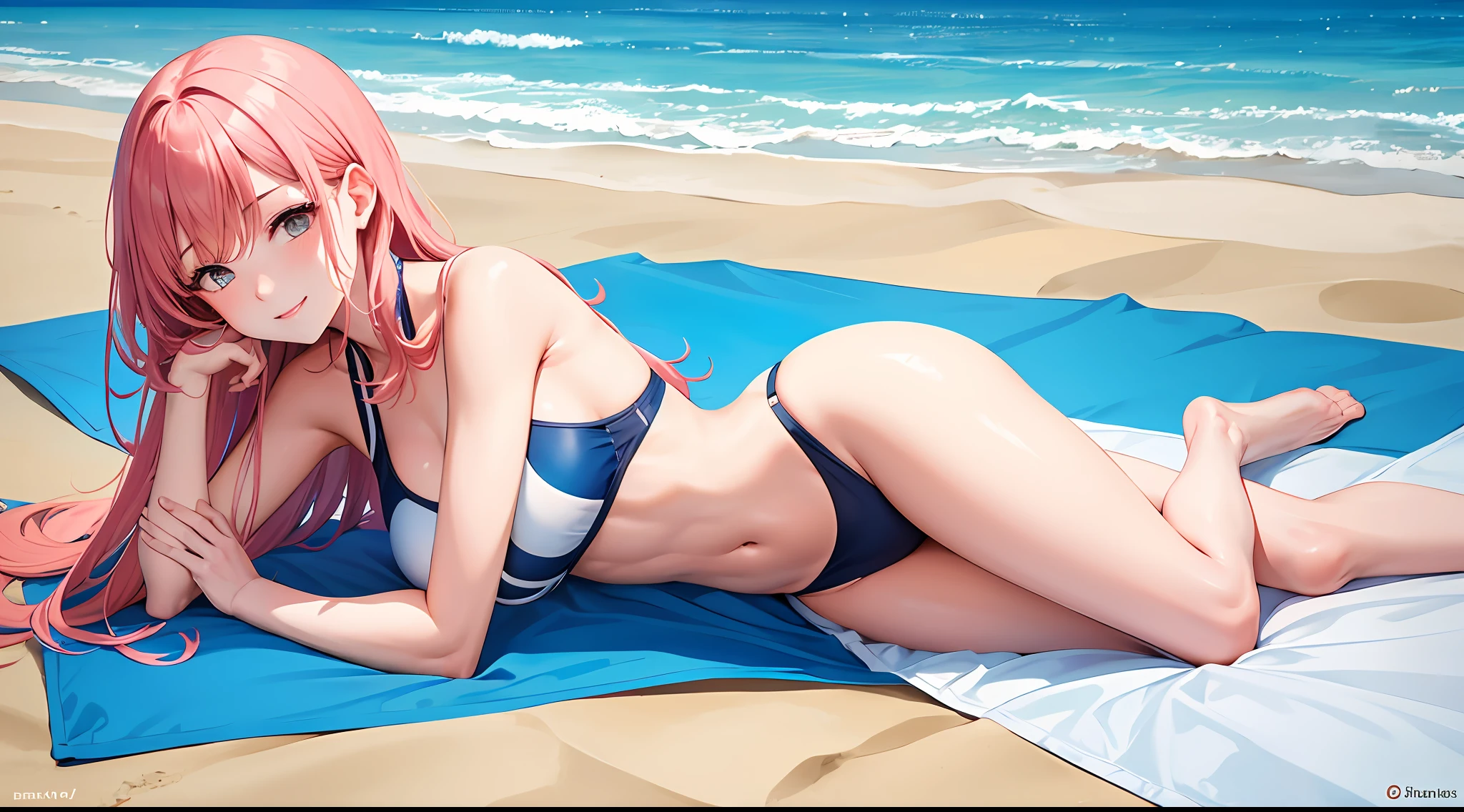 1Beautifulwoman,sandbeach,lie on one's side,swimming uniform,full bodyesbian,long whitr hair,ssmile