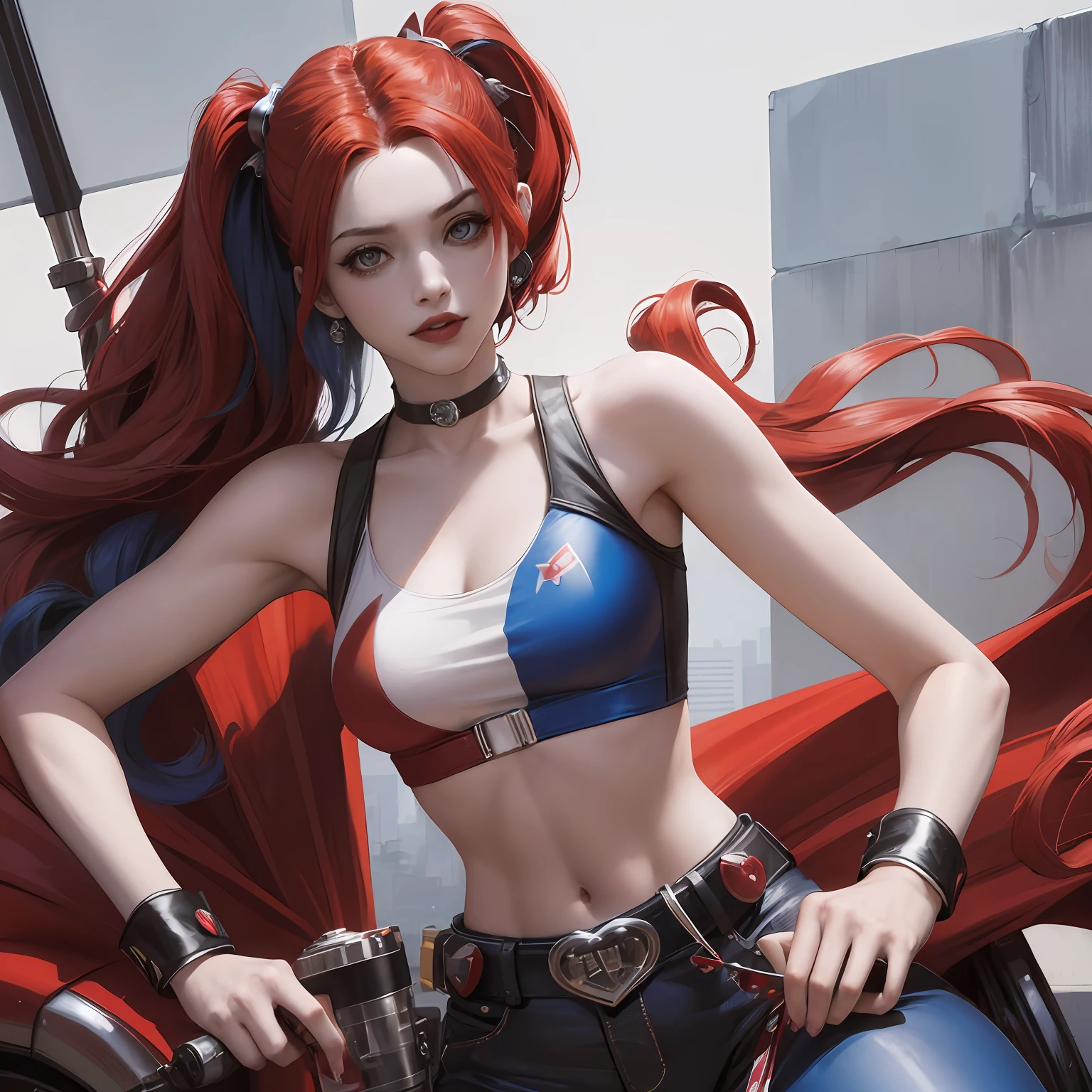 A harley quinn, Long hair wavy blue and red hair det, Masterpiece:1.3, Best quality, sharp focus: 1.2, solo, full body head to toe potrait, harley quinn, soft natural skin, woman 18 years old, wearing white tank top, black jacket, wearing red and blue Hot pants, Beautiful woman --auto