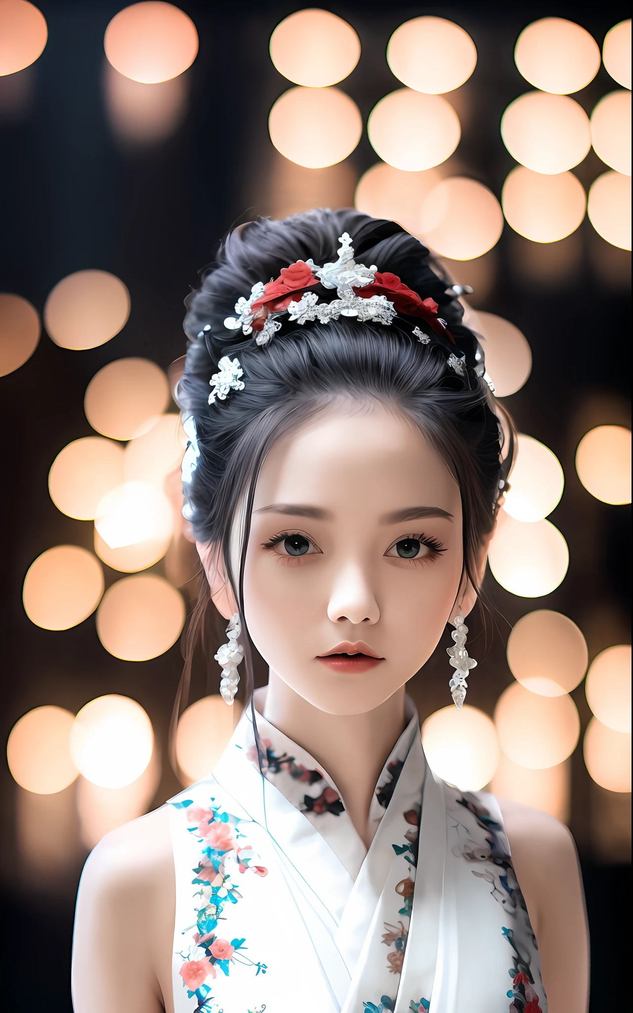 best qualityer， tmasterpiece， A high resolution， Wuxia 1girl， Be red in the face， （seduct smile：0.8）， star-shaped bule pupils， Chinese Hanfu， hair adornments， choker necklace， jewely， beautiful  face， Face half， upon_body， Tyndall effect， realisticlying， dark studio， edge lit， twotonelighting， （highdetailskin：1.2）， 8K  UHD， digital SLR camera， gentle illumination， high high quality， Volumetriclighting， Frankness， photore， A high resolution， 4k， 8k， bokeh