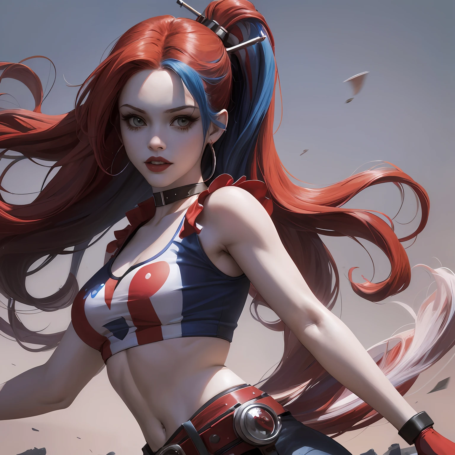 A harley quinn, Long hair wavy blue and red hair det, Masterpiece:1.3, Best quality, sharp focus: 1.2, solo, full body head to toe potrait, harley quinn, soft natural skin, woman 18 years old, wearing white tank top, black jacket, wearing red and blue Hot pants, Beautiful woman --auto