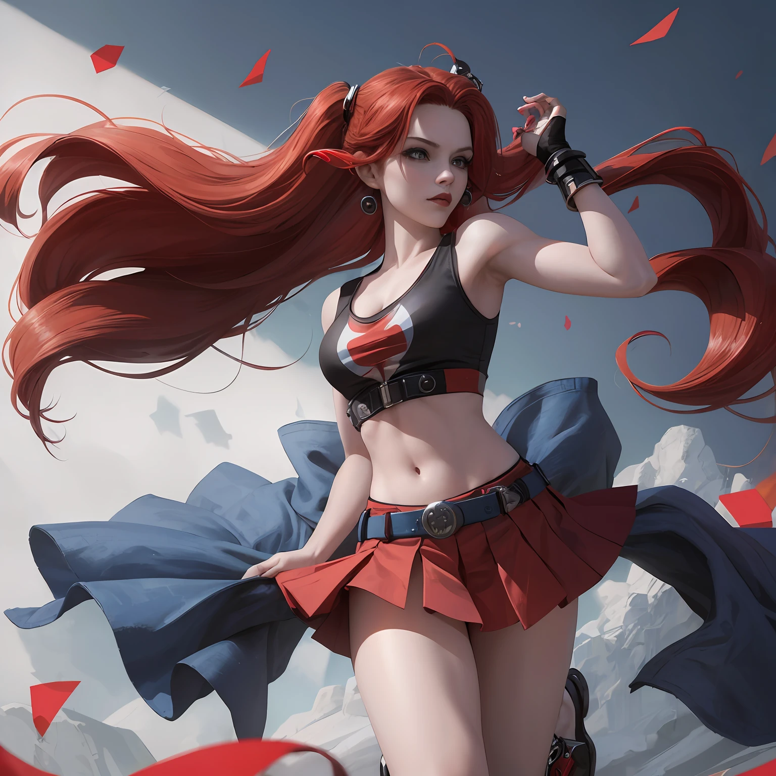 A harley quinn, Long hair wavy blue and red hair det, Masterpiece:1.3, Best quality, sharp focus: 1.2, solo, full body head to toe potrait, harley quinn, soft natural skin, woman 18 years old, wearing white tank top, black jacket, wearing red and blue Hot pants, Beautiful woman --auto