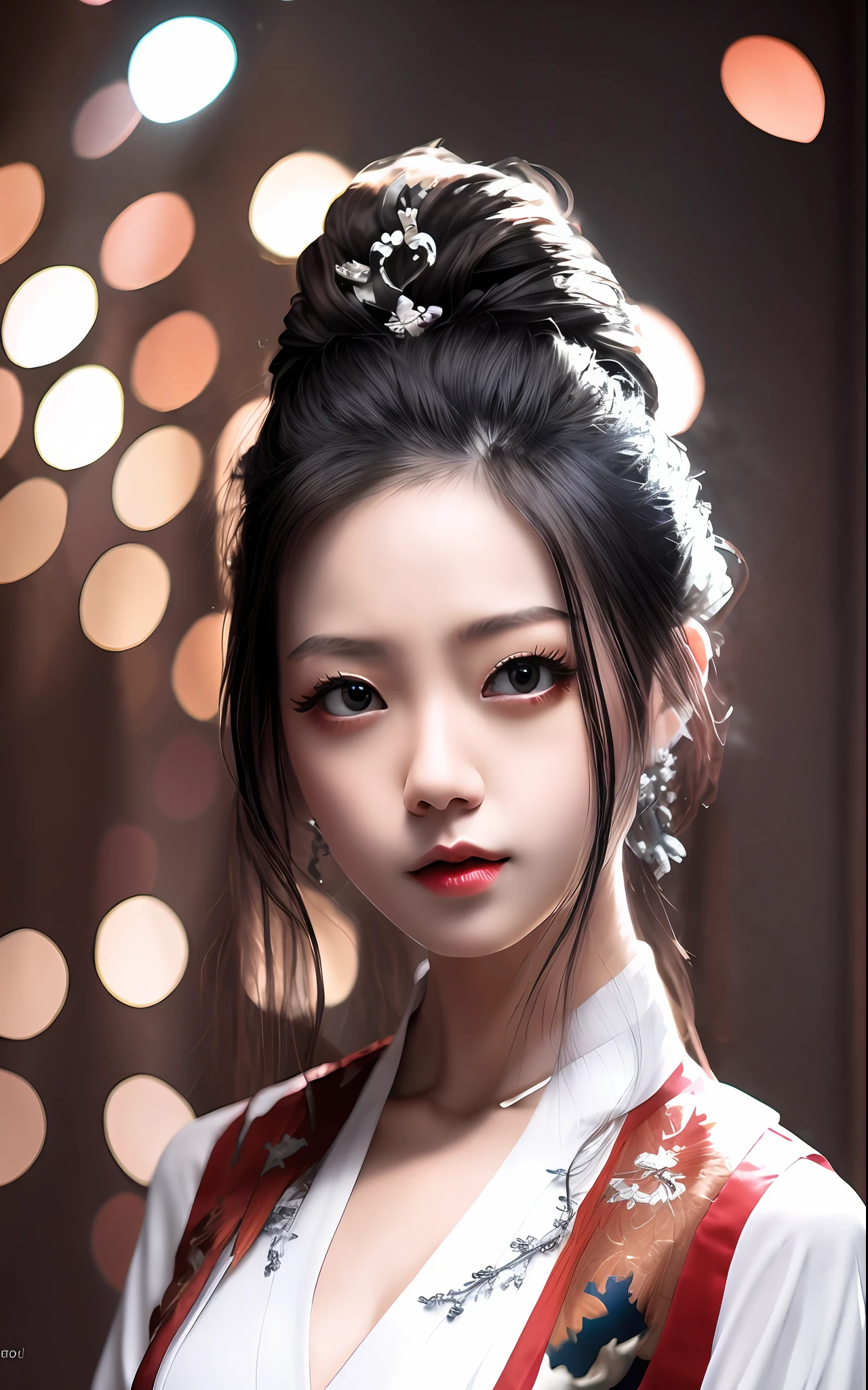 best qualityer, tmasterpiece, A high resolution, Wuxia 1girl, Be red in the face, (seduct smile:0.8), star-shaped bule pupils, Chinese Hanfu, hair adornments, choker necklace, jewely, beautiful face, Face half, upon_body, Tyndall effect, realisticlying, dark studio, edge lit, twotonelighting, (highdetailskin:1.2), 8K UHD, digital SLR camera, gentle illumination, high high quality, Volumetriclighting, Frankness, photore, A high resolution, 4k, 8k, bokeh