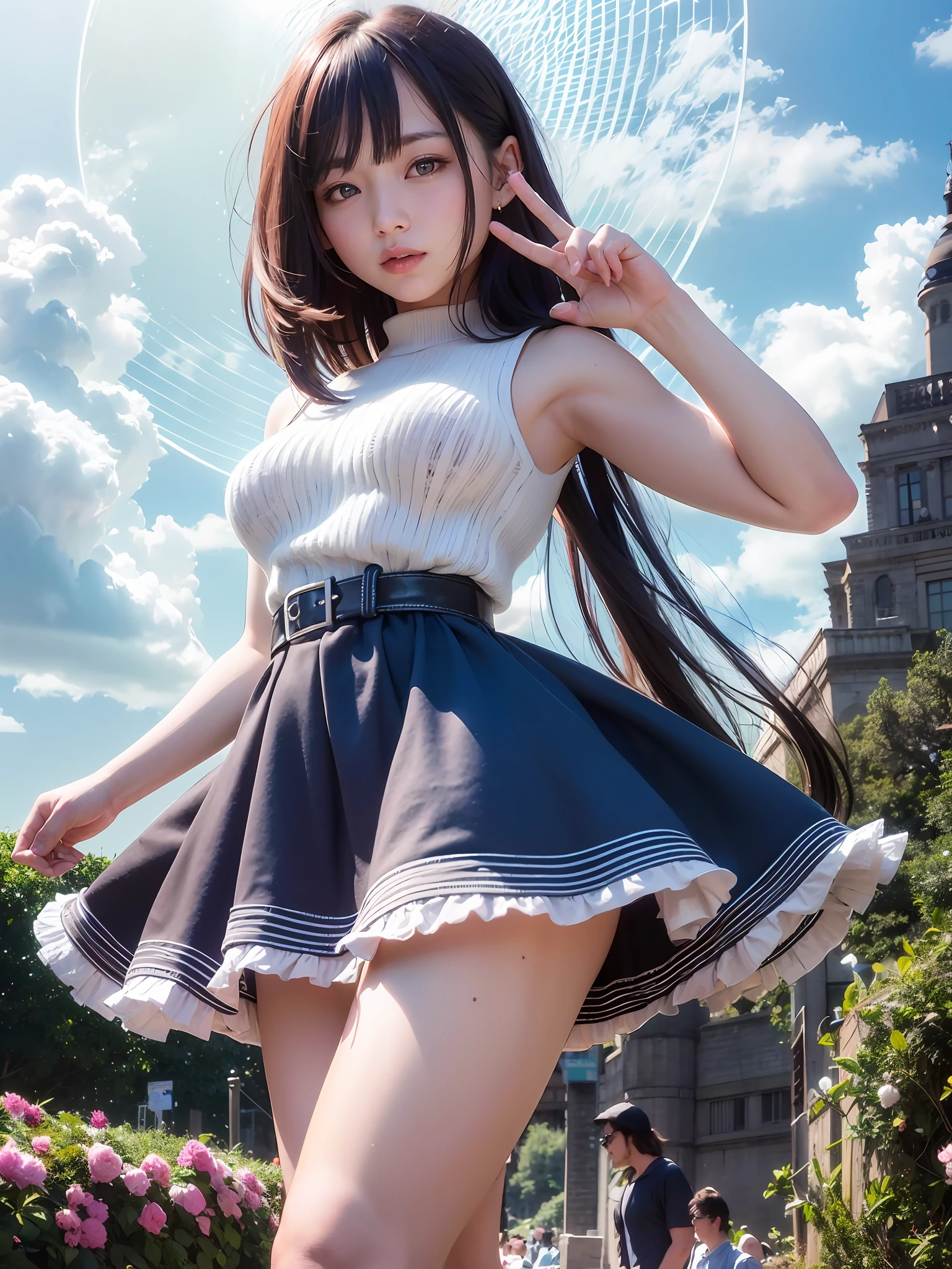 (dynamicposes:1.4), (dynamic ungle:1.4), Romper (细致背景:1.4)、hyper detailed background、(Floating light blue clouds:1.4)、(Floating blue flowers:1.4)、 Romper (perfect anatomia、perfect hand:1.4)、(Perfect five fingers:1.4)、(Perfect 4 long fingers and perfect short thumb:1.4)、(Thumb shorter than the other 4 fingers:1.4)、(Perfect two arms:1.4)、(Perfect two legs:1.4)、((top-quality、8K、​masterpiece:1.3))、1girl in、A smile、full body Esbian、Slim Faces、Pretty women、(dark brown  hair)、hyperdetailed face、A detailed eye、二重まぶた、blured background、Slim Faces、Cute、extremely delicate and beautiful girl、Happy smiling face、Overall、ultra-detailliert、4K、masutepiece、small mouth、Colossal tits、bura、Underpants、a short skirt,high waist skirt,high-necked,Sleeveless,bob cuts,long boots,ultra-detailliert, 4K, masutepiece,Smile,small mouth,white  shirt、Skirts that show the body line、low angles、White sweater、Takushiage、