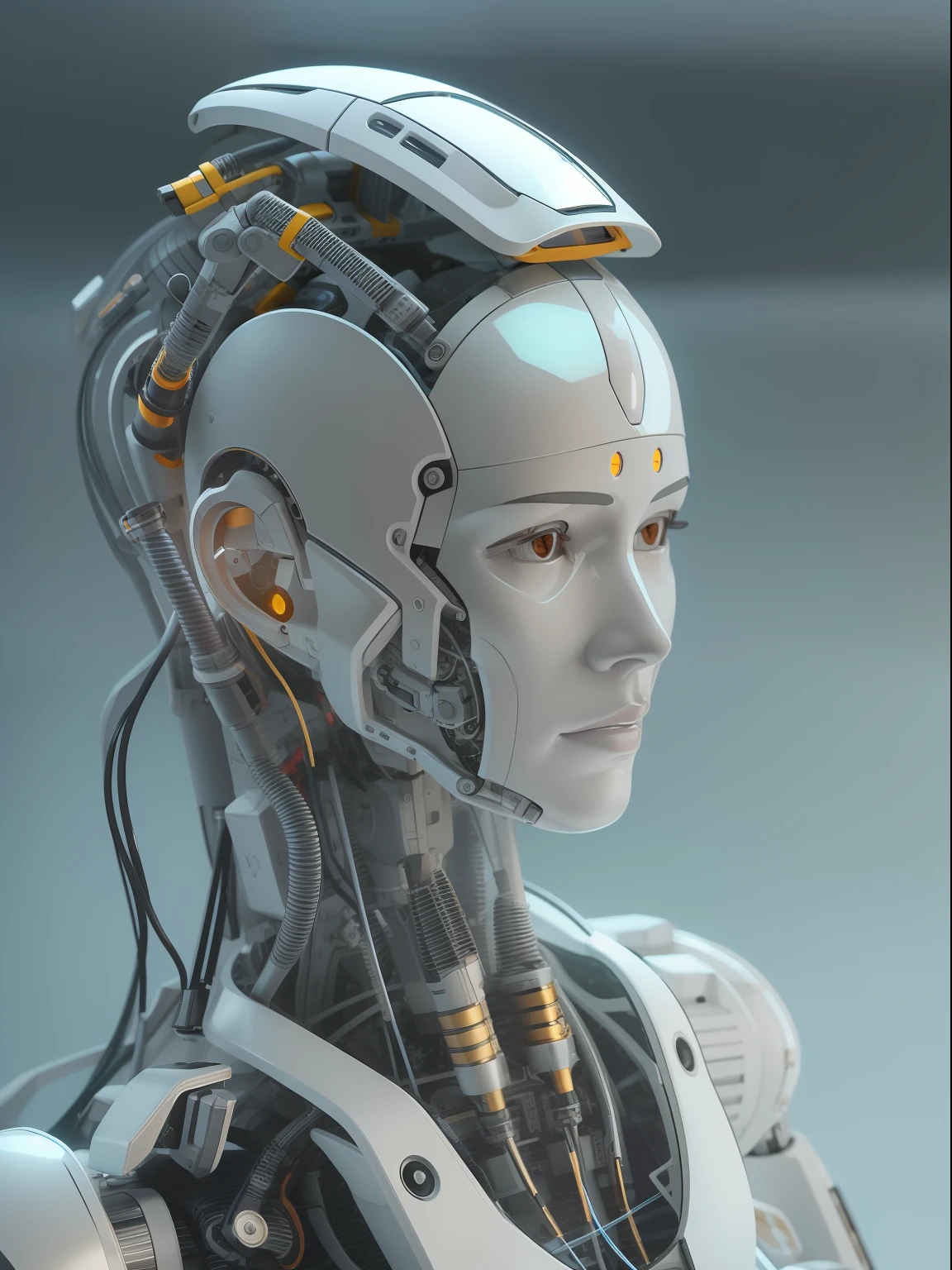 Intelligent bionic robot, male people, cyborg robot parts, The main body is fixed on the workbench for maintenance, Many cables and wires are attached behind the body, micro Chip, Bright Studio, hyper photorealism, Highly detailed, Intricate details, softlighting, rim-light, rendering by octane, unreal engine 5 render, Mechanical public enemy style, 8K, Best quality, Masterpiece, Low ISO, White balance,high key lighting,Creates a soft and ethereal feel, with a shallow depth of field