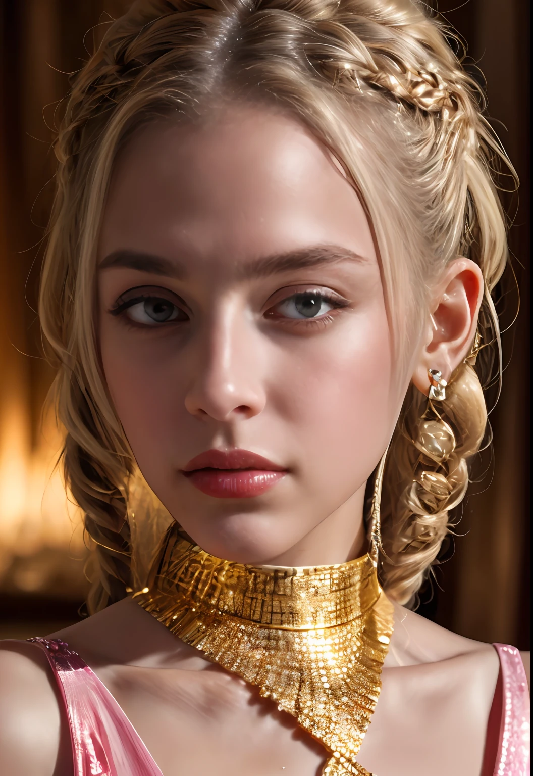 (masterpiece, sidelighting, finely detailed beautiful eye: 1.2), realistic, lusmus skin, shiny skin, facial light, shiny face, (1 teens girl), facial light, shiny face, shiny skin, half body, looking viewer, wlop, beautiful girl, jewelry, braids, cute face, golden eyes, fancy dress, princess