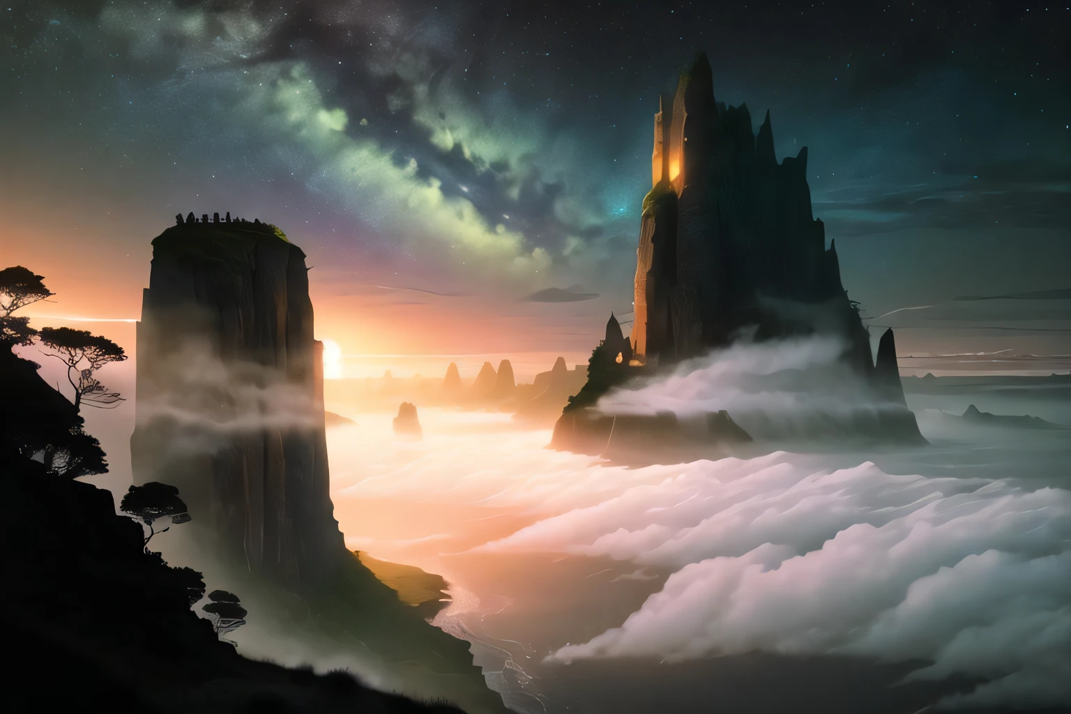 masterpiece,best quality, realistic,ultra-detailed,best shadow,
(beautiful detailed face), (detailed clothes features),
(In a dark fantasy world, on a dark night, a magnificent natural scenery :1.5),
(super-wide-angle lens:1.2),
sea,beach,ancient ruins, flowers, waterfall,fog,vine,peak, cliff ,deep canyons,bridge,river,Magnificent starry sky,skyline,verdant, stone, moss,
(high contrast, colorful),
(detailed and clear background),
cinematic lighting,dramatic lighting,hdr,