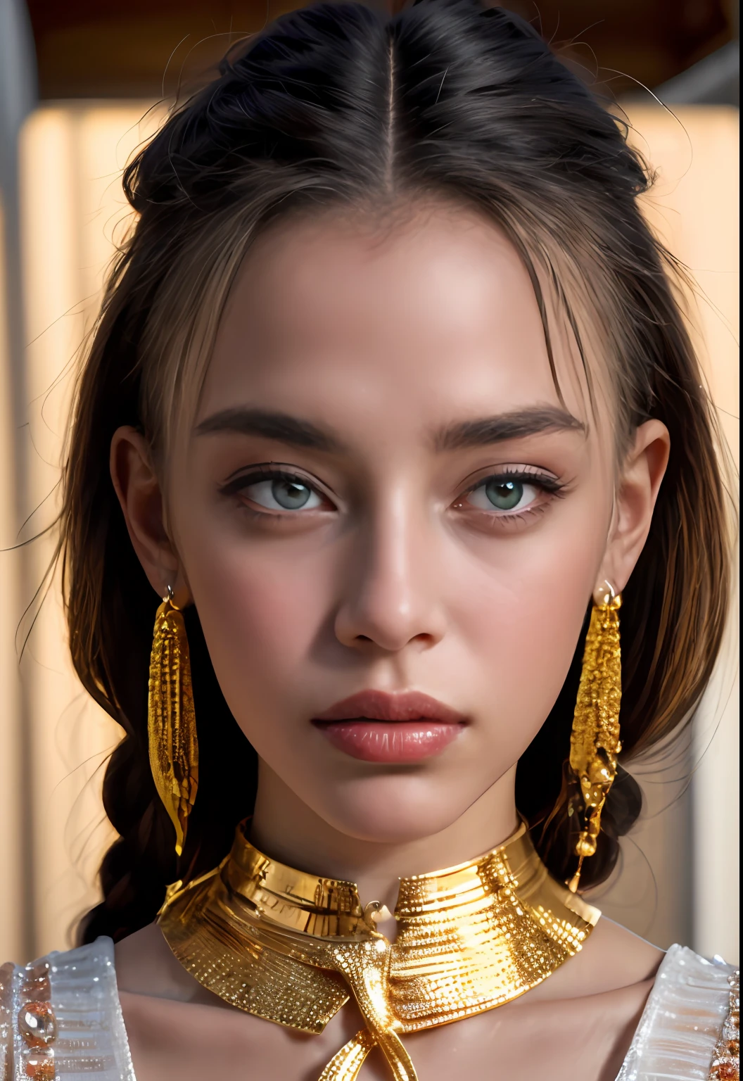 (masterpiece, sidelighting, finely detailed beautiful eye: 1.2), realistic, lusmus skin, shiny skin, facial light, shiny face, (1 teens girl), facial light, shiny face, shiny skin, half body, looking viewer, wlop, beautiful girl, jewelry, braids, cute face, golden eyes, fancy dress, princess