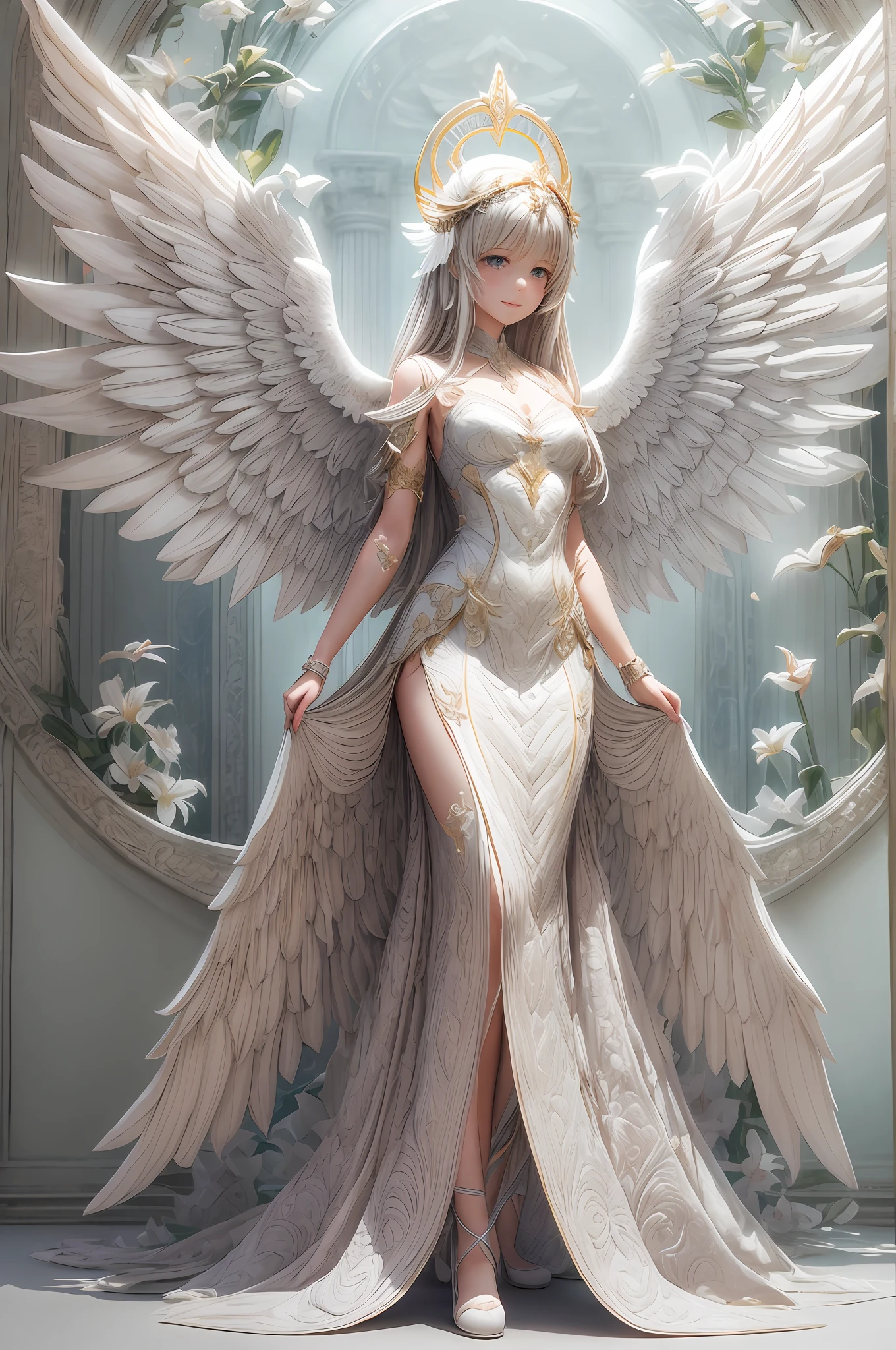 (lilies:1.2),Solo, full body,An angel girl with shining wings behind her, Halo, Delicate headgear,ssmile,paper art,(Quilted paper art),(geomerty:1.2),a 3D render,extremely detaile, Cinematic lighting effects,4K,tmasterpiece,offcial art