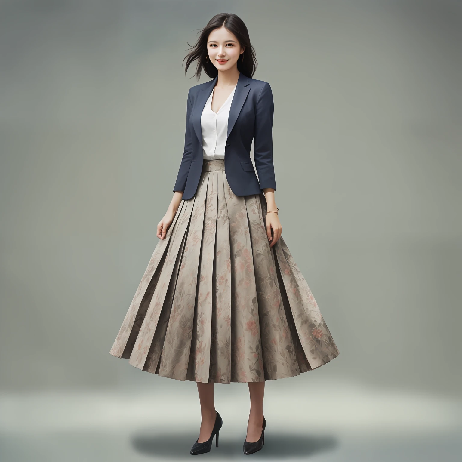 authentic (shy smiling) good woman wearing a short blazer with a very very detailed (long (fully pleated) full circle skirt) and (simple) low heeled office shoes, very very intricate hyper-detailed symmetric (attractive graceful young feminine face) with (sad, tired eyes and shy smile:1,1), large breasts, full of empathy and compassion and love, (pronounced (feminine) features), (highly detailed ultra accurate realistic) hands and fingers, (windy conditions and wind blowing), epic composition, highly detailed attributes, highly detailed atmosphere, (35mm f1.4 Kodak portra 400 photograph), extremely high quality RAW photograph, intricate, Exquisite details and textures,