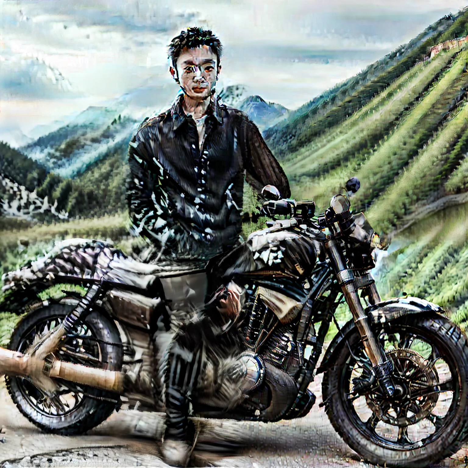 Chinese youth,30 age old,with short black hair,Harley motorcycles,mountain path,There are white clouds in the mountains in the distance