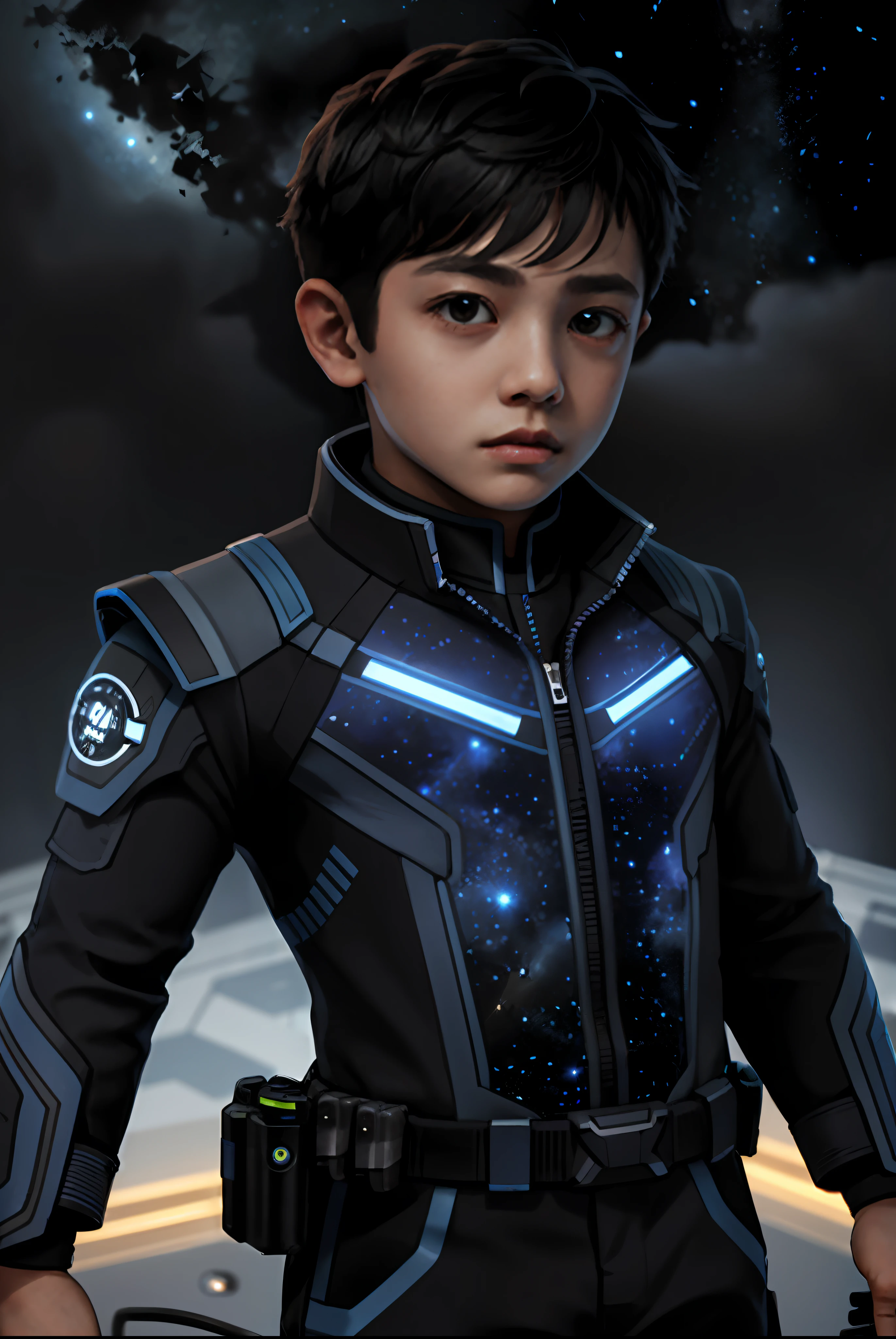 Little boy exploring the vastness of the starsector, wearing a cowboy shirt and a futuristic high-tech suit, with short hair, amidst a breathtaking starry background, 1boy, cowboy shot,