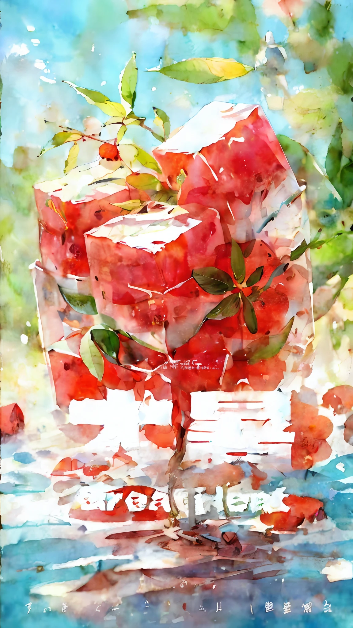 There is a poster,It has a picture of a watermelon and a flower, material is!!! water melon!!!, inspired by Yanjun Cheng, Amazing food illustration, author:Qu Leilei, author:Park Hua, Guviz, By Yuumei, Watercolor illustration style, by Yang J, author:yanjun cheng, trending on cgstation, By Leng Mei, author:Huang Ji