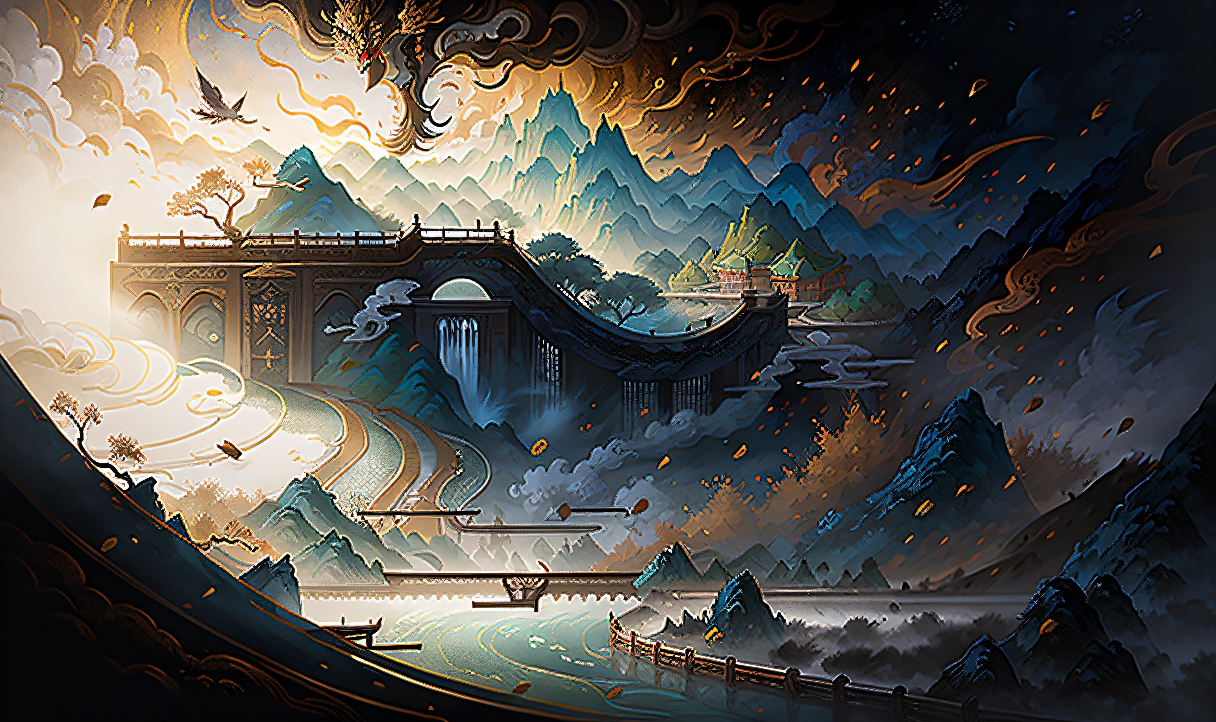 Ancient Chinese landscape, mountains, rivers, auspicious clouds, sunlight, masterpiece, super detail, epic composition, ultra high definition, high quality, extremely detailed, official art, uniform 8k wallpaper, super detail, 32k -- v 6