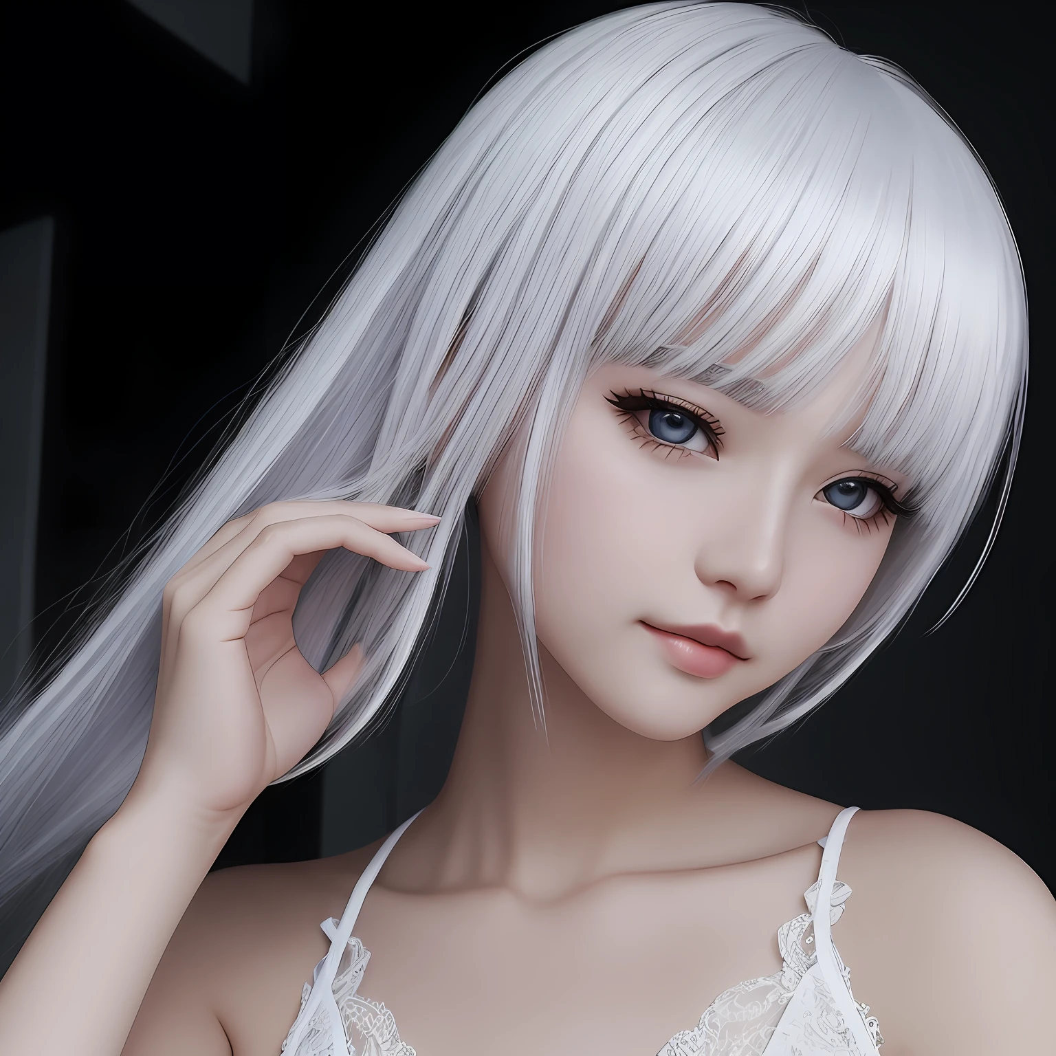Realistic cute girl white hair Qi bangs Fair skin --auto