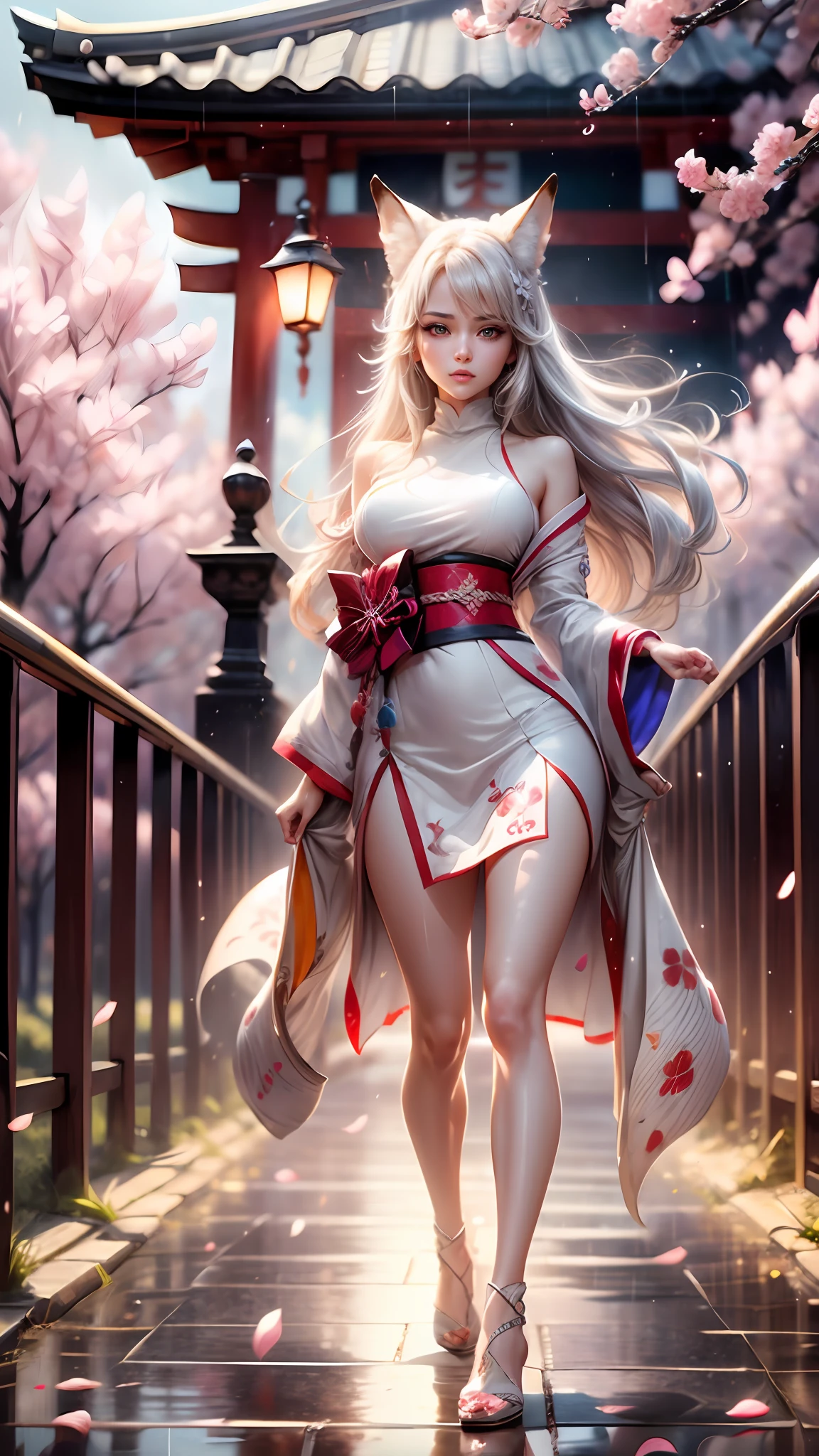 Best quality, hyper-high detail, very high res, hight contrast，brightcolors，Extremely detailed CG, 真实感，absurd res，fox ear，Huge colorful fox tail， 8K,Colorful, A 20-year-old nine-tailed fox girl,japanaese girl，Perfect body shape,(long leges:1.4)，ssmile，Light turtleneck shirt，Detailed clothing patterns，tiese，(full body:1.3),Solo, in a panoramic view，high-heels，(Black eyes), (Gray hair to the shoulders), Extremely long white diamond hair floating, yellow ribbon, Beautiful eyes,(usa ropa blanca:1.3),Wet clothes, white  skirt, white dresses，detailed and beatiful face and eyes, ((Shiny skin)), Shiny hair, (detailed and beautiful shiny clothes, Temple，holy rays，japan temple，the cherry trees，Cherry blossoms flying，Rained，(dynamicposes:1.3)，low perspective，