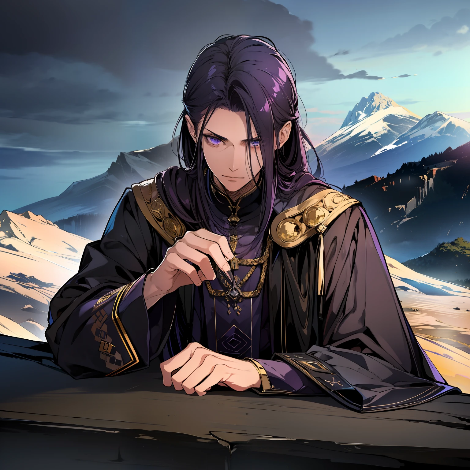 4K，Complicated details，HighestQuali，A man in a robe sits alone on the edge of a cliff，looking at the distance，The tone suppresses sadness，deep colour，black in color，Deep black，purpleish color，Mountains and mountains。magia，The feeling of loneliness，repression，Tattered tunic