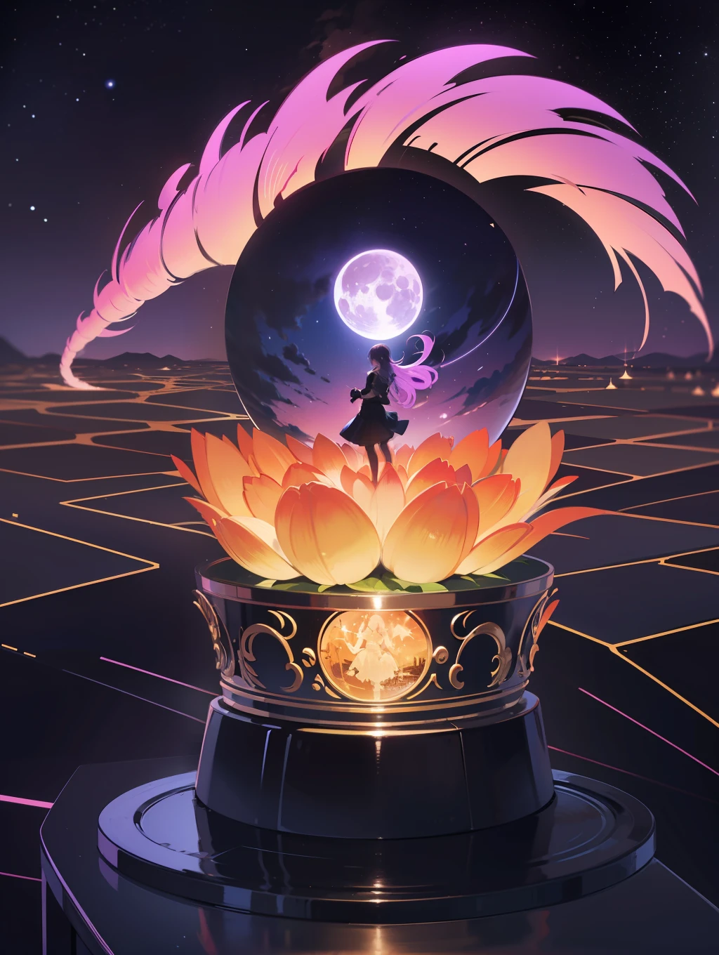 Vast landscape photos、(View from below with a view of the sky and the wilderness below)、Woman standing in a flower garden and looking up Huge(1.9)(fullmoon:1.2)、(shooting stars:0.9)、(nebulas:1.3)、mountain in the distance、Tree BREAK Production Art、(Warm color Light Source:1.2)、(fireflys:1.2)、abajour、Purple and orange、intricate detailes、Volume Lighting BREAK (masterpiece:1.2)、(top-quality)、4k、ultra-detailliert、(The composition of the movement:1.4)、Highly detailed and colorful details(Irridescent color:1.2)、(glowing lighting、Atmospheric illumination)、dream-like、Magical、(独奏:1.2)、Happy Birthday Cake and Dancing、congratulations、Fish Country、