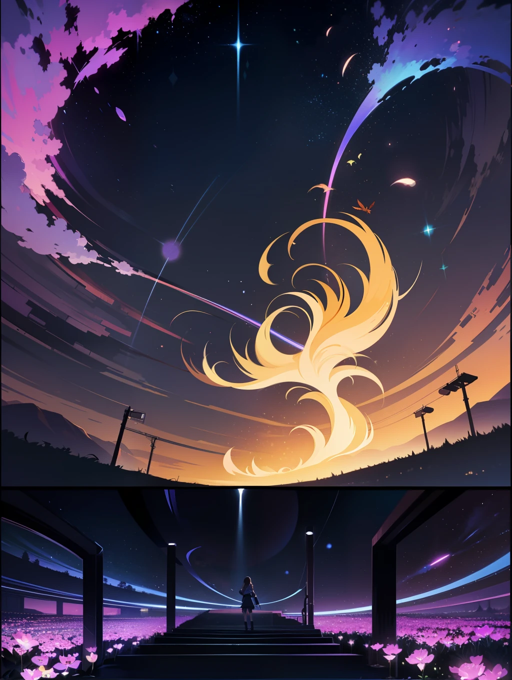 Vast landscape photos、(View from below with a view of the sky and the wilderness below)、Woman standing in a flower garden and looking up Huge(1.9)(fullmoon:1.hooting stars:0.9)、(nebulas:1.3)、mountain in the distance、Tree BREAK Production Art、(Warm color Light Source:1.2)、(fireflys:1.2)、abajour、Purple and orange、intricate detailes、Volume Lighting BREAK (masterpiece:1.2)、(top-quality)、4k、ultra-detailliert、(The composition of the movement:1.4)、Highly detailed and colorful details(Irridescent color:1.2)、(glowing lighting、Atmospheric illumination)、dream-like、Magical、(独奏:1.2)、Happy Birthday Cake and Dancing、congratulations、Fish Country、