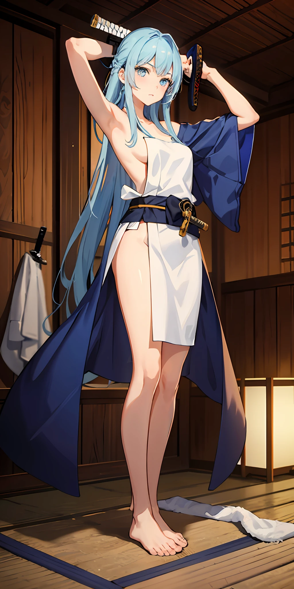 1girll, skyblue hair, blue color eyes, Full body like, Towels, (Onsen), side-lighting, the wallpaper, NSFW,flatchest,long hair girl,Long azure hair,Dark blue eyes,Calm expression,orthofacial,katana swords,Samurai armor,Kneel to me,tilts your head