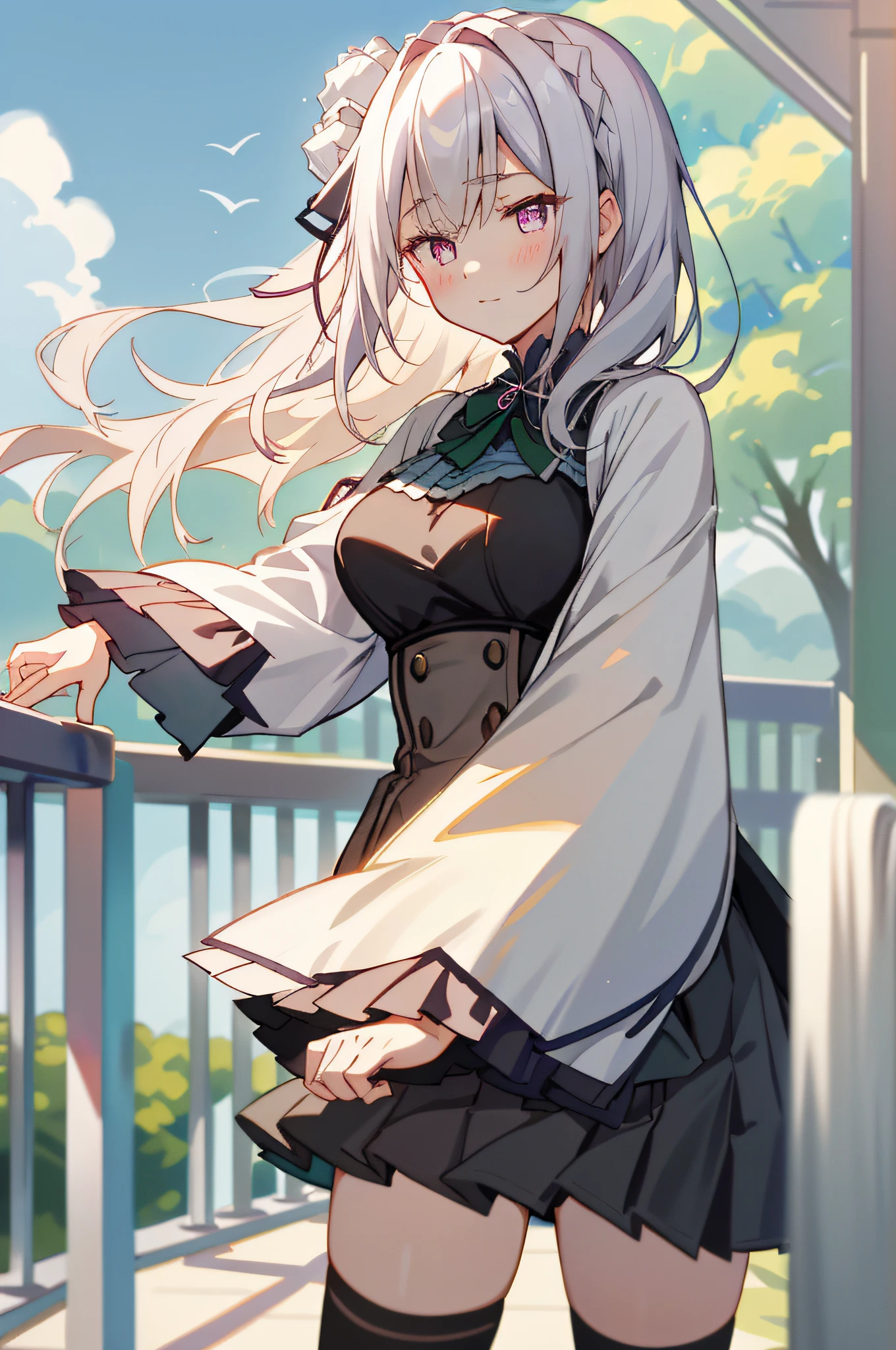 Amelia:2.0,Candid photos of girls,Volumetriclighting,Best shadow,shallowdepthoffield,Enjoy the scenery,Shut your mouth, Light blush eye shadow, longer sleeves, thin waist, Short black pleated skirt, black high-socks、Clouds、Roof guardrail、Village view、Side view leaning on the railing、(Highest image quality、astonishing detail:1.25)、(独奏:1.3)、Brilliant and colorful paintings,ssmile,gentleness,effeminate,Confession moment,Random scenes