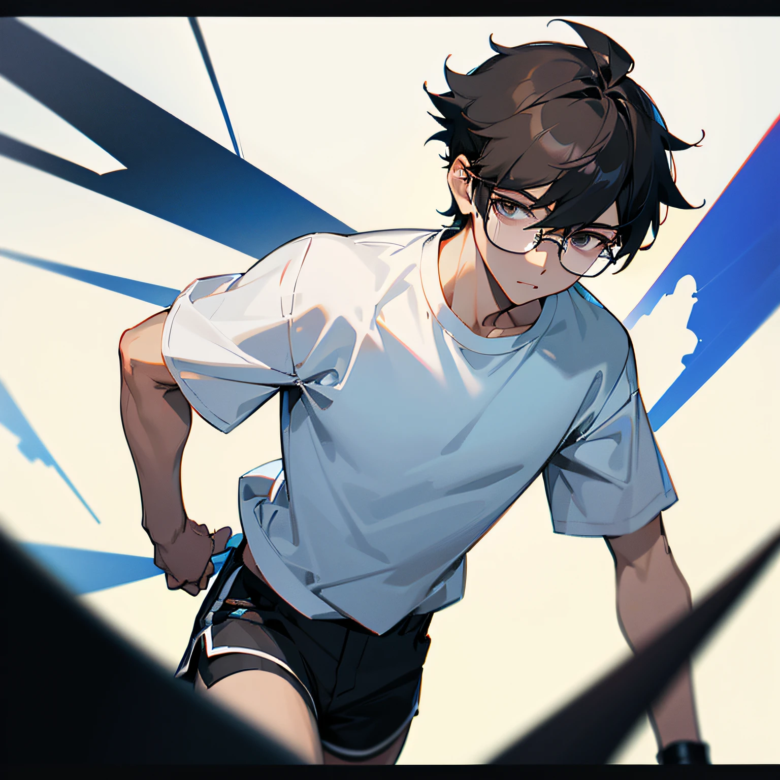 Handsome guy with short hair。Wearing black-framed glasses。White T-shirt,Black shorts。bust。 --auto