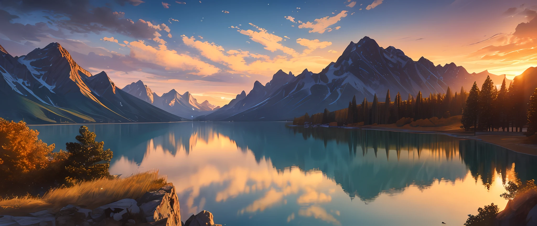 (masterpiece, best quality:1.2), ultra detailed, cinematic lighting, HDR, ilustration,  sunrise, lake, impressive, chill, inspirational,