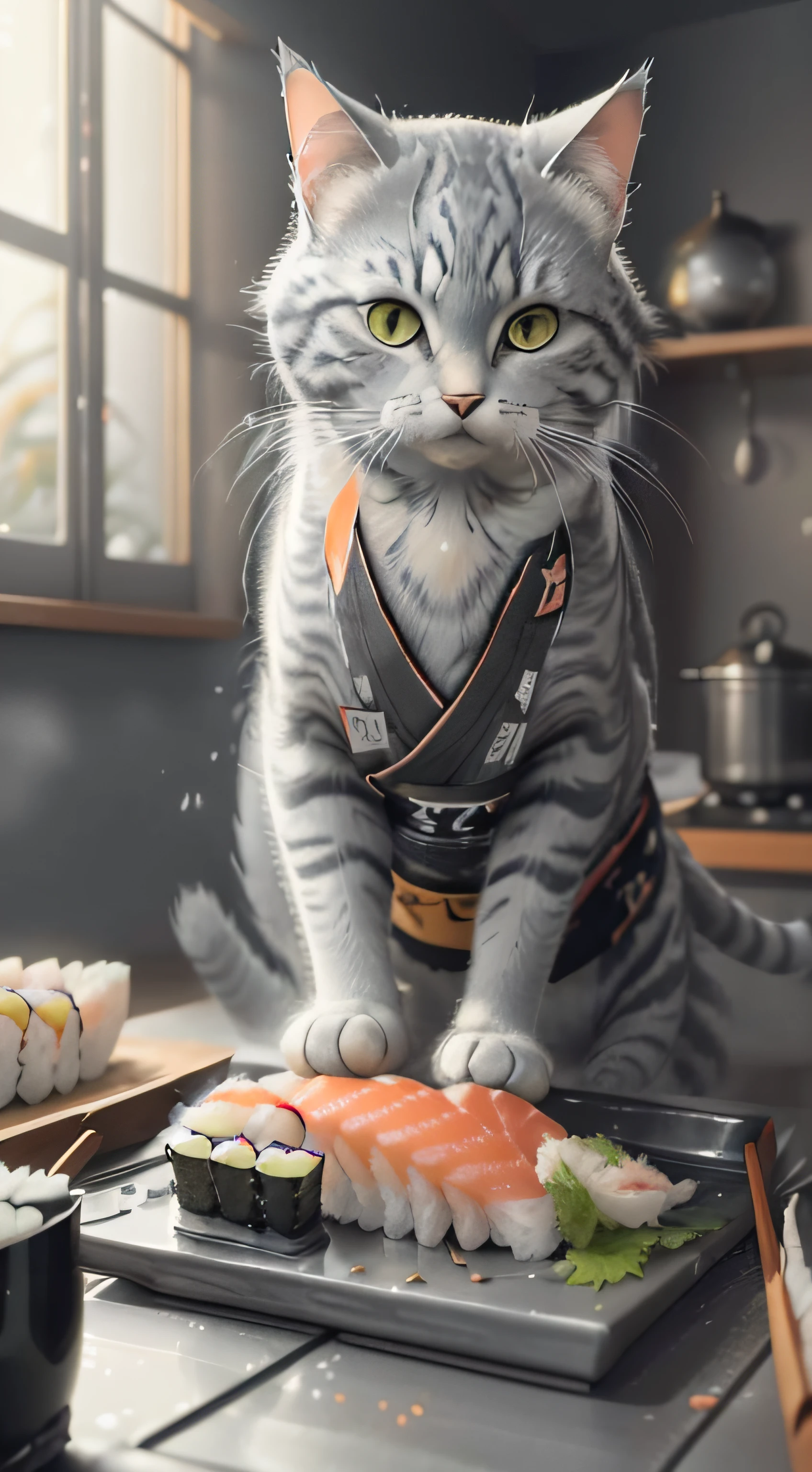 close-up photography of (grey tabby cat is preparing sushi on the table:1.2), (c4ttitude:1.3), in glasstech kitchen, hyper realistic, intricate detail, (foggy:1.1), pov from below