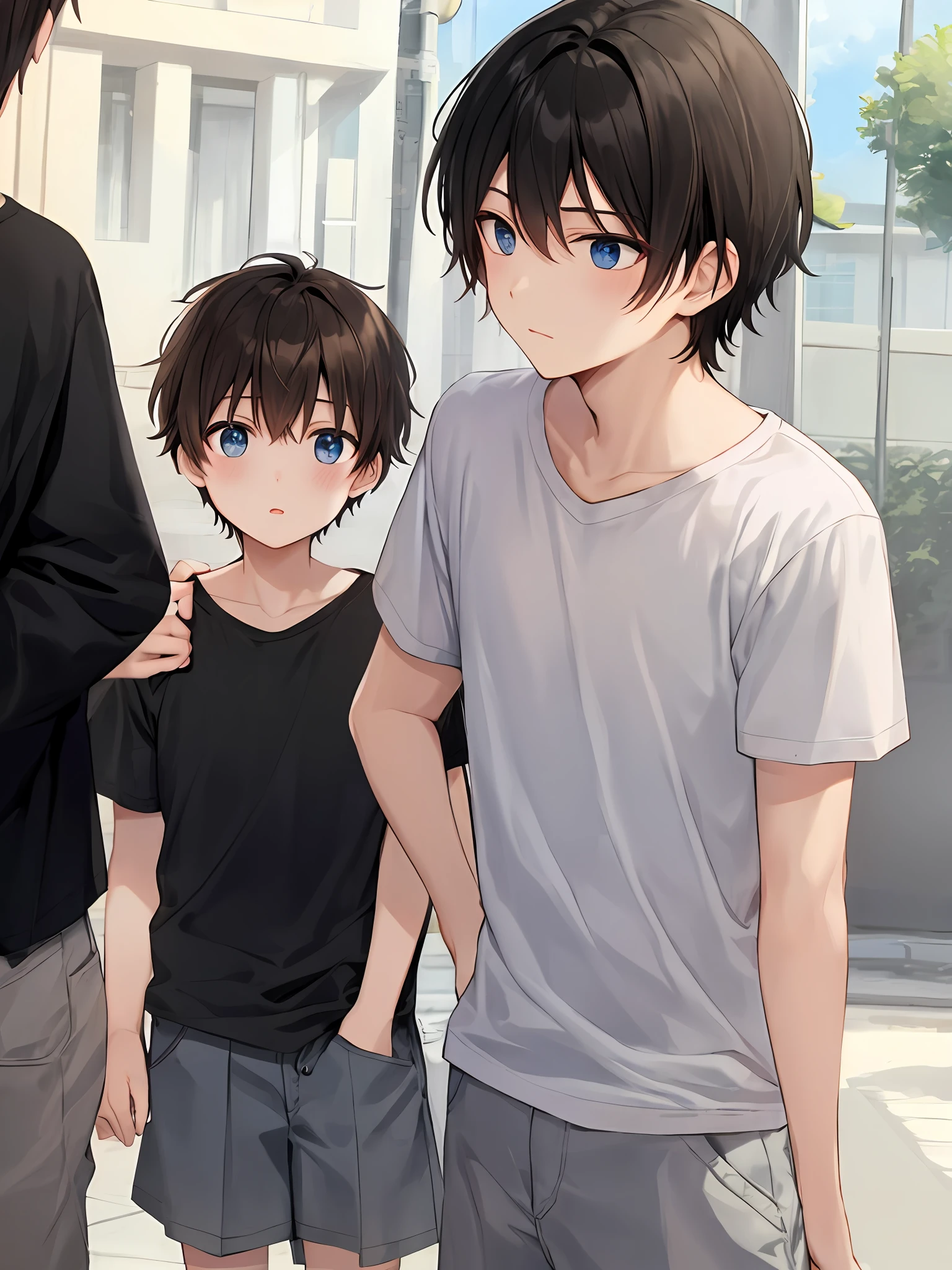 brunette color hair、White T-shirt、黑The eye、Boy student、Two-dimensional style、cold-hearted,Boy without expression