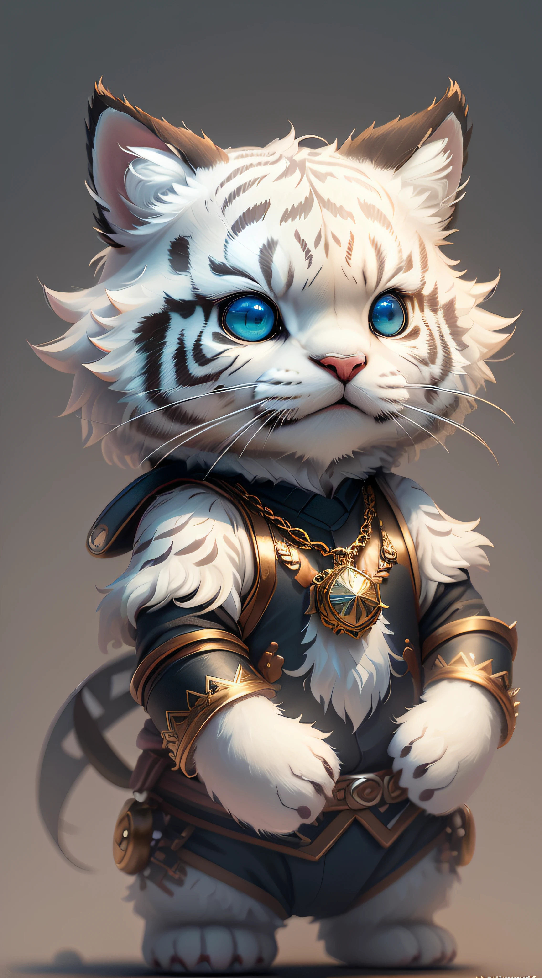 cute tiny hyperrealistic white tiger with different color eyes waring a necklace, Chibi, adorable and fluffy, logo design, cartoon, cinematic lighting effect, charming, 3D vector art, cute and quirky, fantasy art, bokeh, hand-drawn, digital painting, soft lighting, isometric style, 4K resolution, photorealistic rendering, highly detailed clean, vector image, photorealistic masterpiece, professional photography, simple space backdrop, flat white background, isometric, vibrant vector