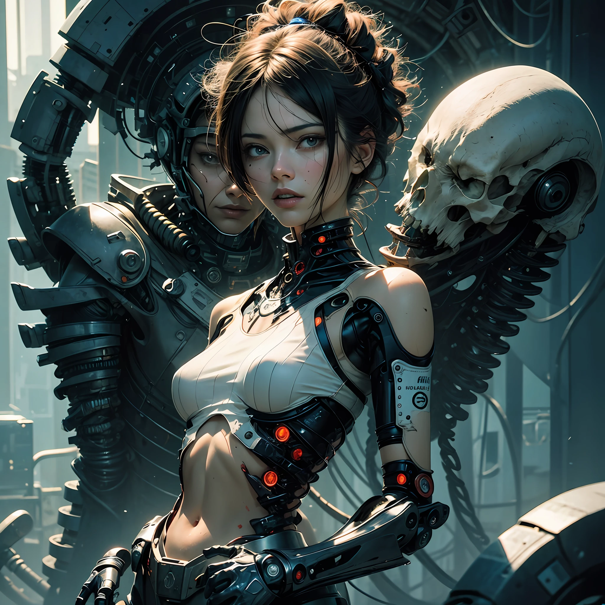 (((tmasterpiece)))), (((HighestQuali)))), ((ultra-definition)), (Very detailed realism), ((Very fine and beautiful)), (Delicate and beautiful face), cinematric light, Bone structure,((((Machine Girl 1)), 独奏, full bodyesbian,The sulcus is visible on the skin, (Mechanical joints: 1.4), (Mechanical limbs)), (Blood vessel attached to tube), ((The mechanical vertebrae are attached to the back)), ((Mechanical cervical spine)Attached to the neck)), (sitted)), face expressionless, (Wires and cables are connected to the head and body:1.5),(Character Spotlight),Small LED light SF,detail neon --auto