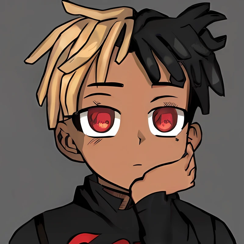 Cartoon drawing of a boy with red eyes and a black shirt, trigger anime artstyle, ((Red)) baggy eyes, fully red eyes,in an anime style, pin on anime, style of anime, His eyes were red,with light glowing, Anime art style, anime style character, High Quality Anime Art Style, In anime style,XXXTENTACION,The eyes become bright and vibrant,The mouth rises slightly,Keep the original details。