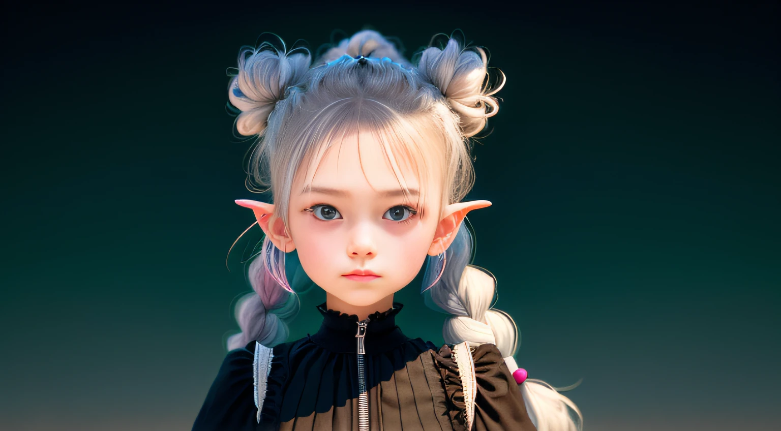 hair bobbles, wince, long eyelasher, solid circle eyes, Ear blush, Cute image braided ponytail, watered eyes, covering ears, , Halo, anaglyph, stereograms, tachi-e, full body pov, surrealism, stereograms, character sheets, Cowboy shot, Bokeh, ccurate, Best quality, hyper HD,5 year old girl
