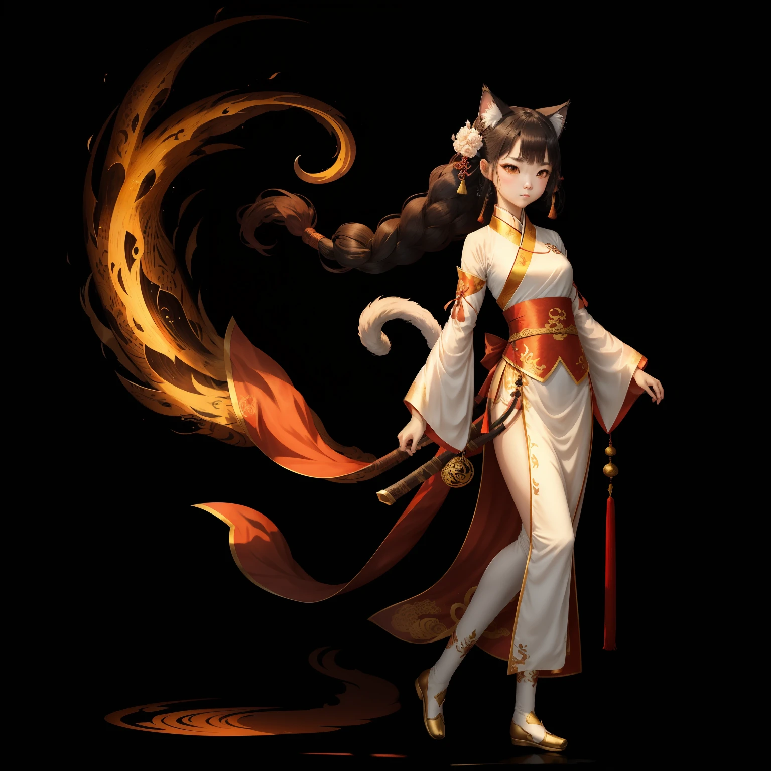 Humanoid cats are the main body,female,The hair on the head is smooth and beautiful,Face,The facial features are just right,Strong sense of premium,The forehead has a crescent mark,There are ornaments around the cat's ears,The expression is gentle and happy,Wearing Hanfu,The costumes are rich in detail,The clothes are brightly colored,The cat's tail is large and long,Strong ink style,The background is the martial arts atmosphere of swords and shadows,The contrast between light and shadow is strong,The details stand out,China-style,Hanfu,plethora of colors,A high resolution,hyper qualit,cat woman --auto