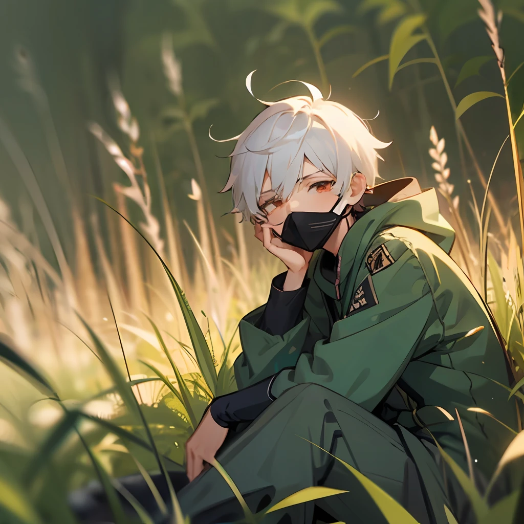 anime boy sitting on grasses, the boy has white hairs , wears all white, red light eyes, wears mouth mask, open air, sleepy boy, he looks bored ,green grasses --auto --s2